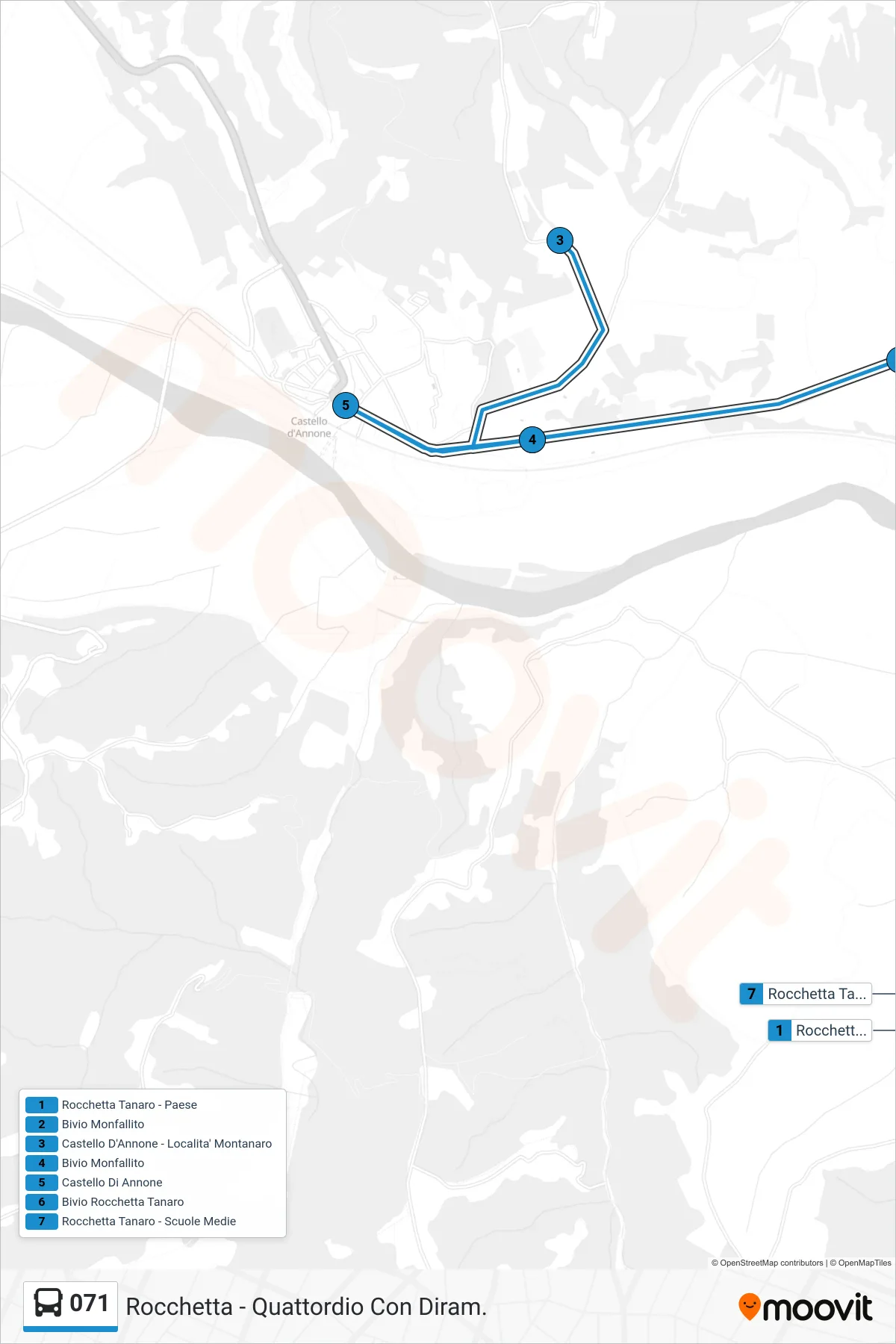 Linea 071 bus (Rocchetta Tanaro - Scuole Medie) - Percorsi e fermate sulla mappa