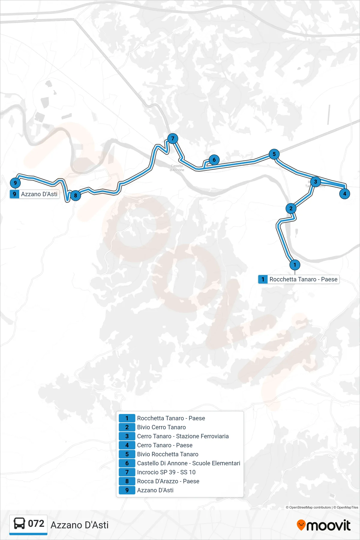 Linea 072  bus (Azzano D'Asti) - Percorsi e fermate sulla mappa