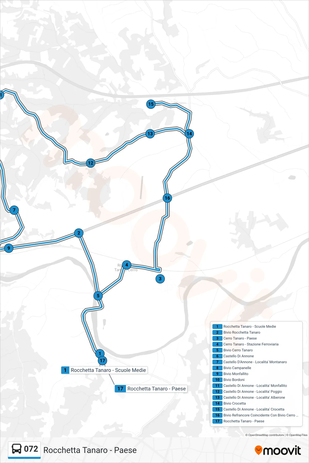 Linea 072 bus (Rocchetta Tanaro - Paese) - Percorsi e fermate sulla mappa