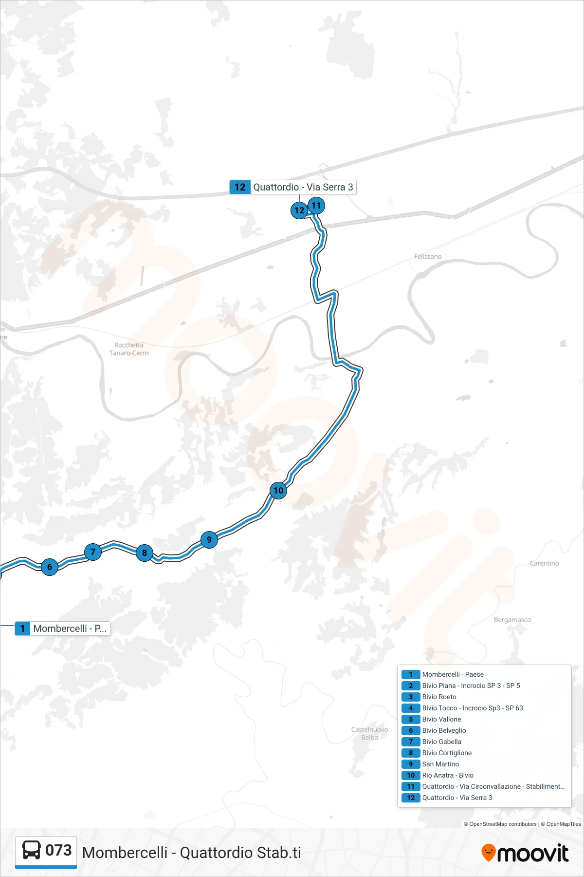 Linea 073  bus (Quattordio - Via Serra  3) - Percorsi e fermate sulla mappa