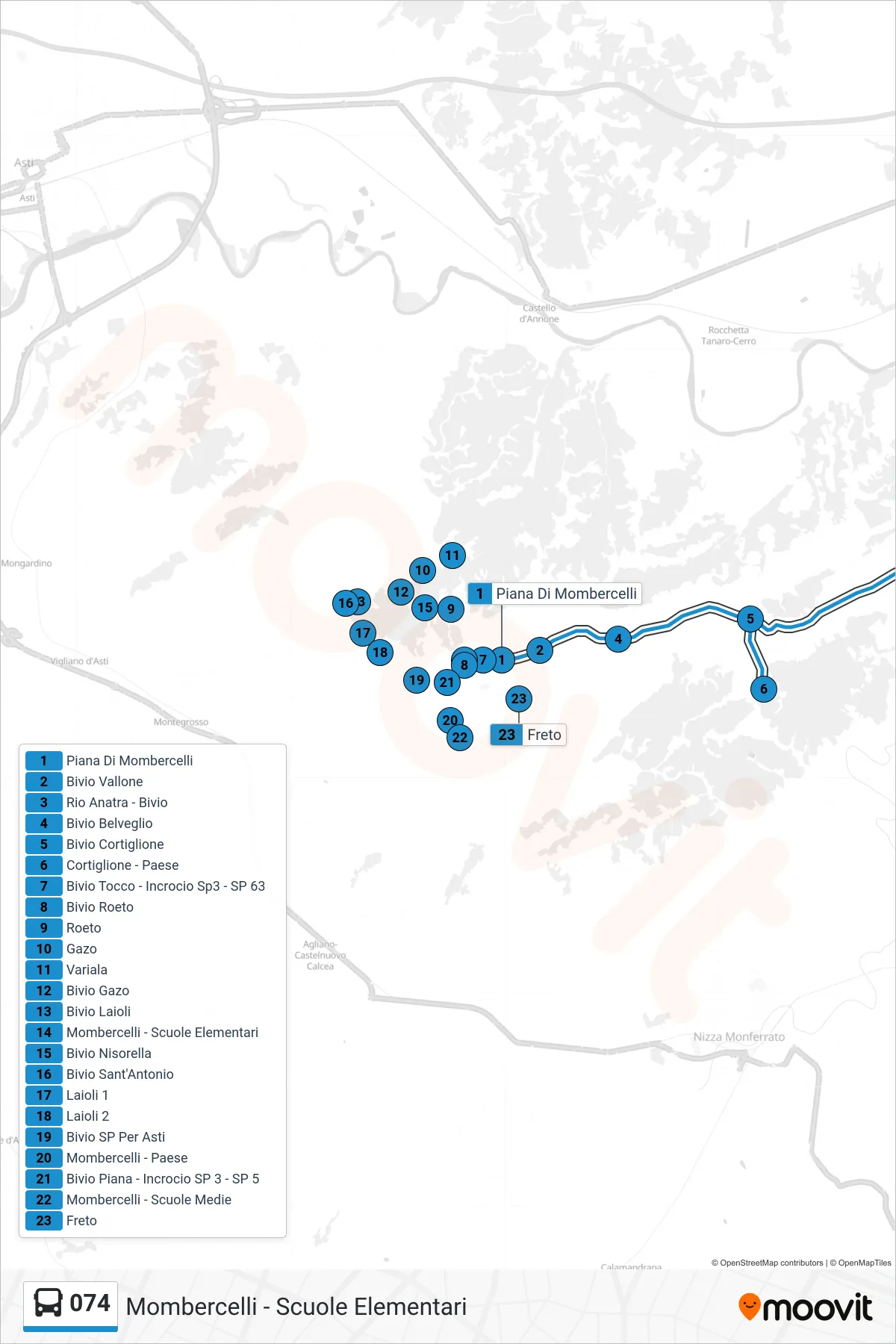Linea 074 bus (Mombercelli - Scuole Elementari) - Percorsi e fermate sulla mappa