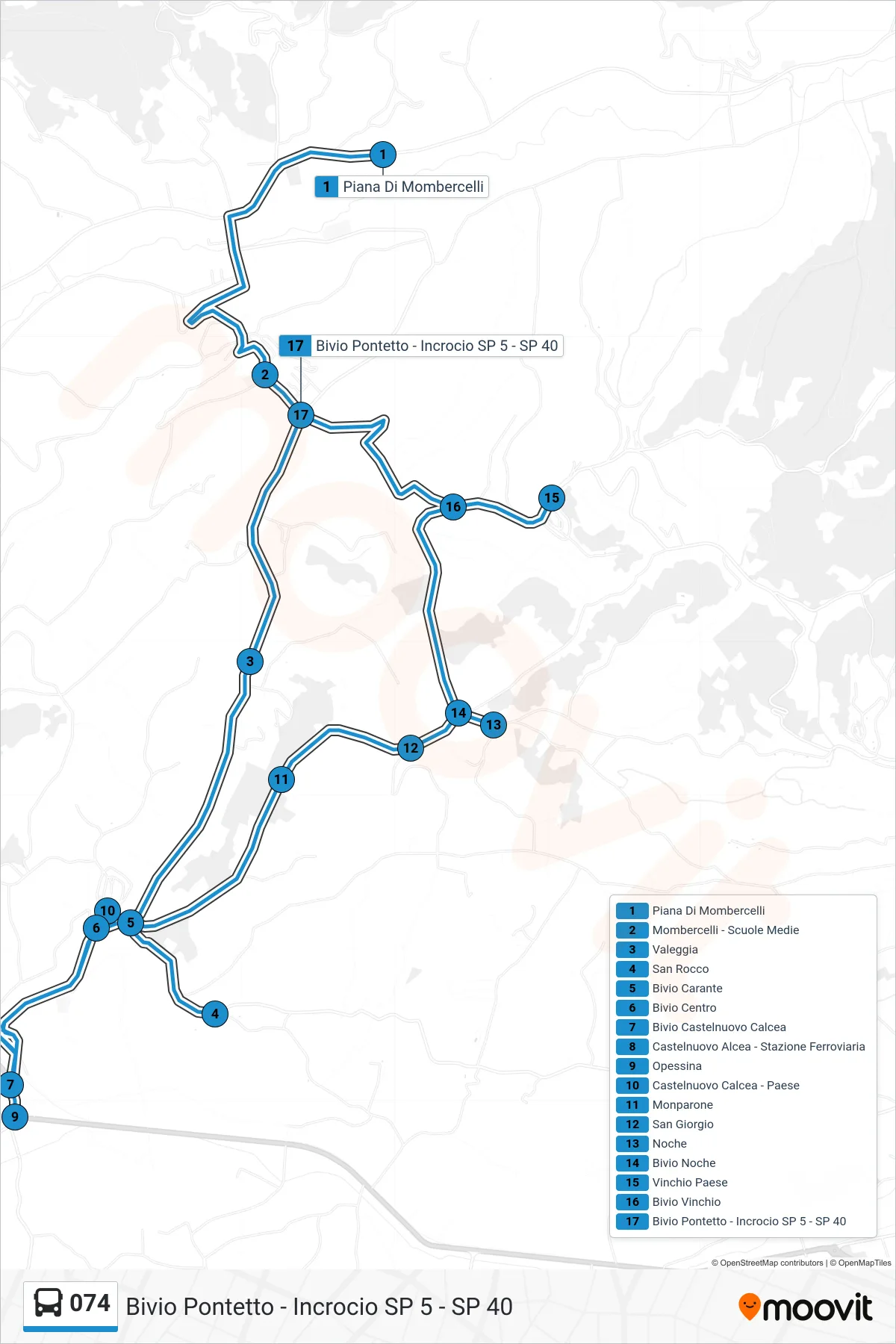 Linea 074 bus (Bivio Pontetto - Incrocio SP 5 - SP 40) - Percorsi e fermate sulla mappa