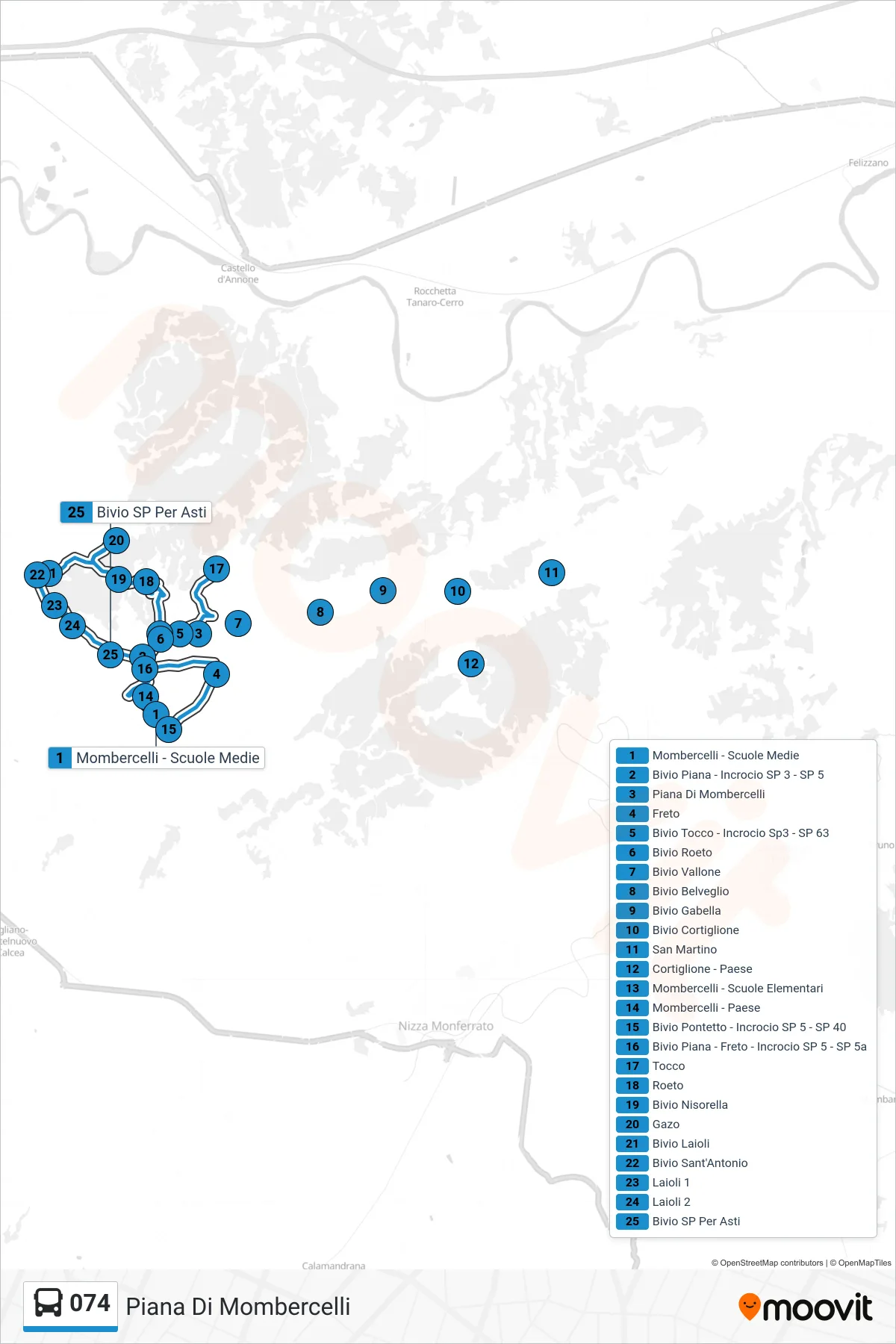 Linea 074  bus (Piana Di Mombercelli) - Percorsi e fermate sulla mappa