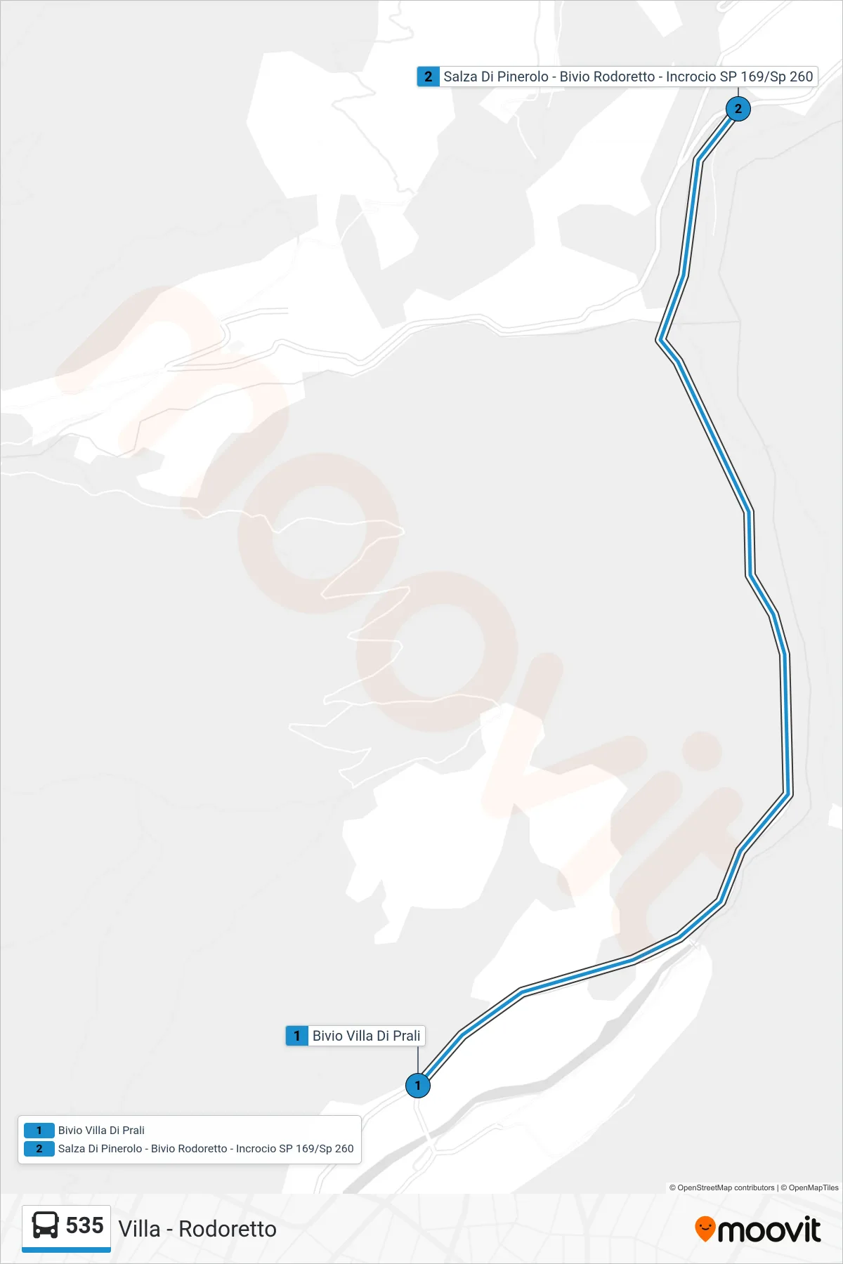 Linea 535  bus (Salza Di Pinerolo - Bivio Rodoretto - Incrocio SP 169/Sp 260) - Percorsi e fermate sulla mappa
