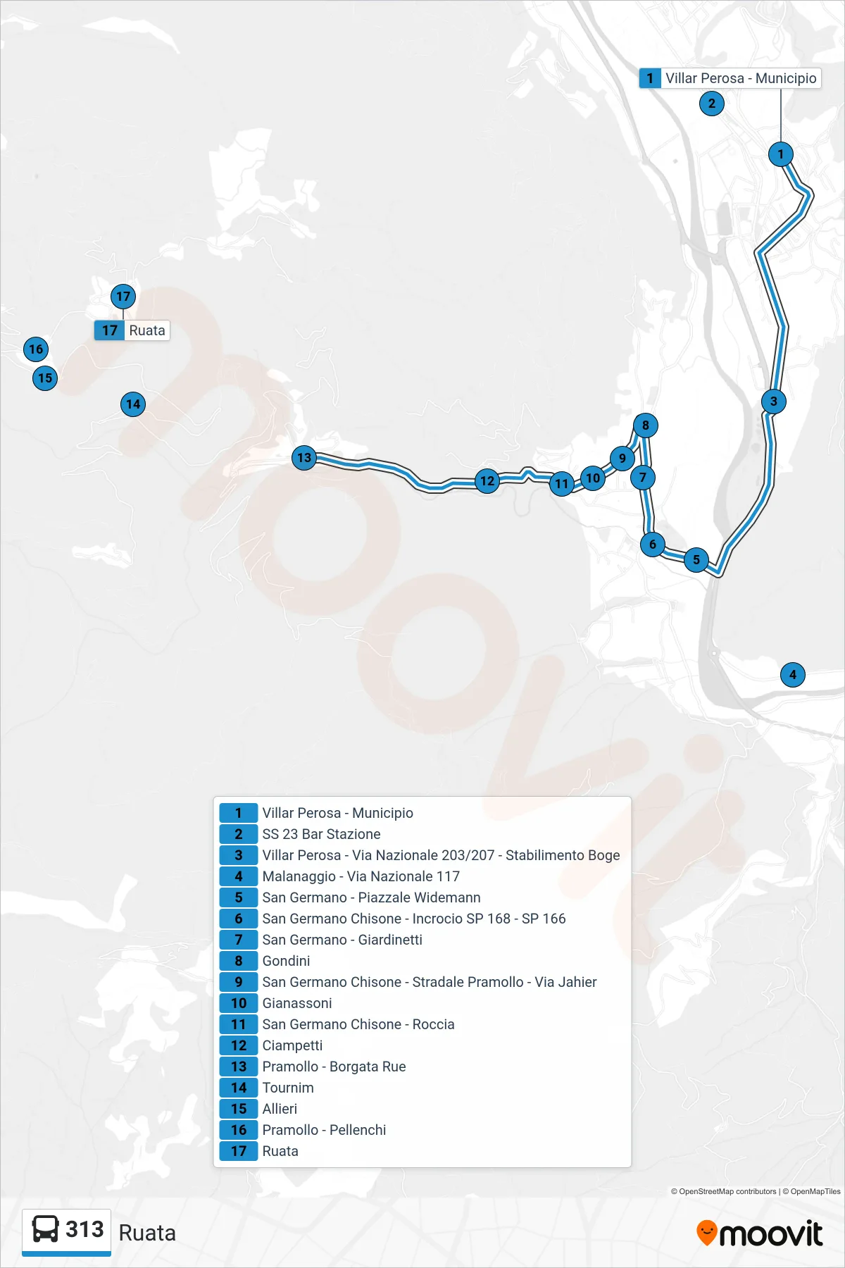 Linea 313 bus (Ruata) - Percorsi e fermate sulla mappa