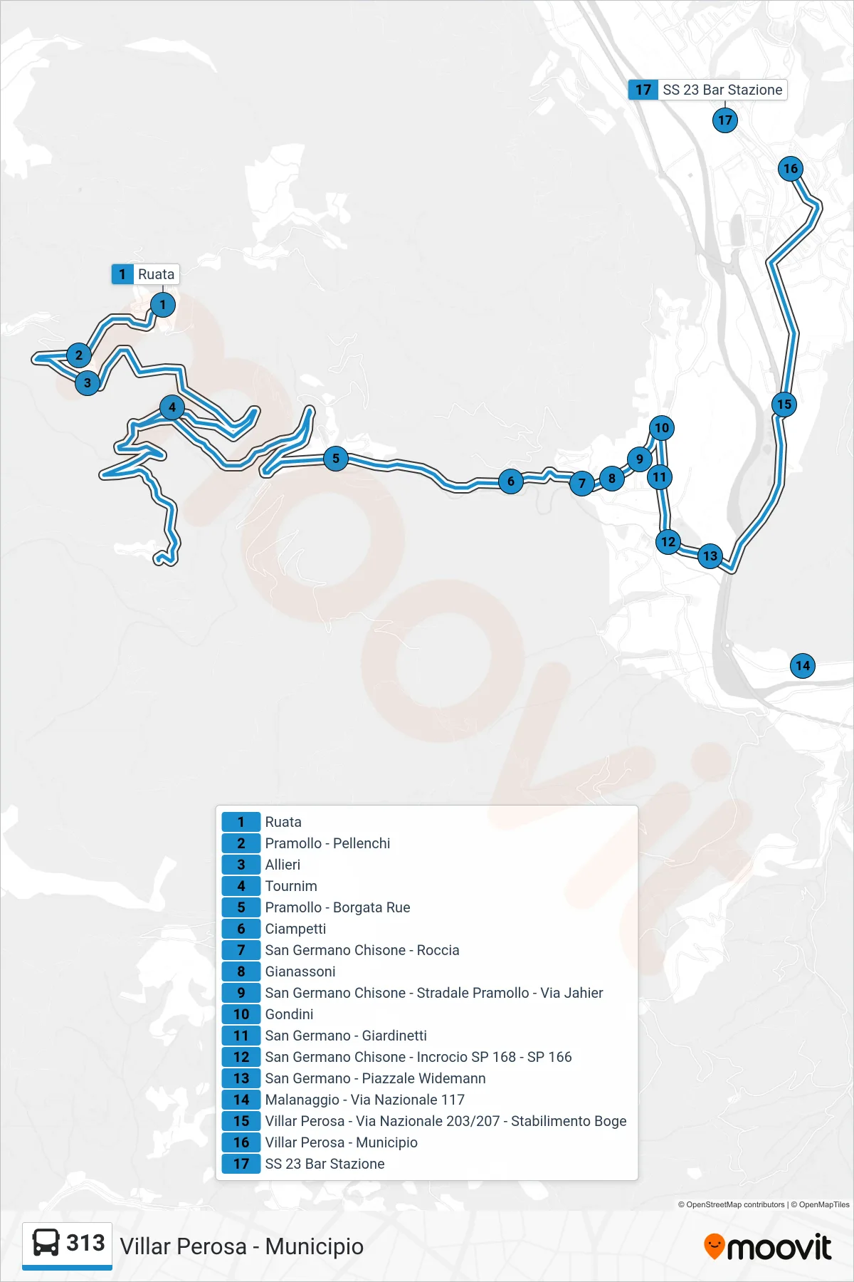 Linea 313 bus (Villar Perosa - Municipio) - Percorsi e fermate sulla mappa