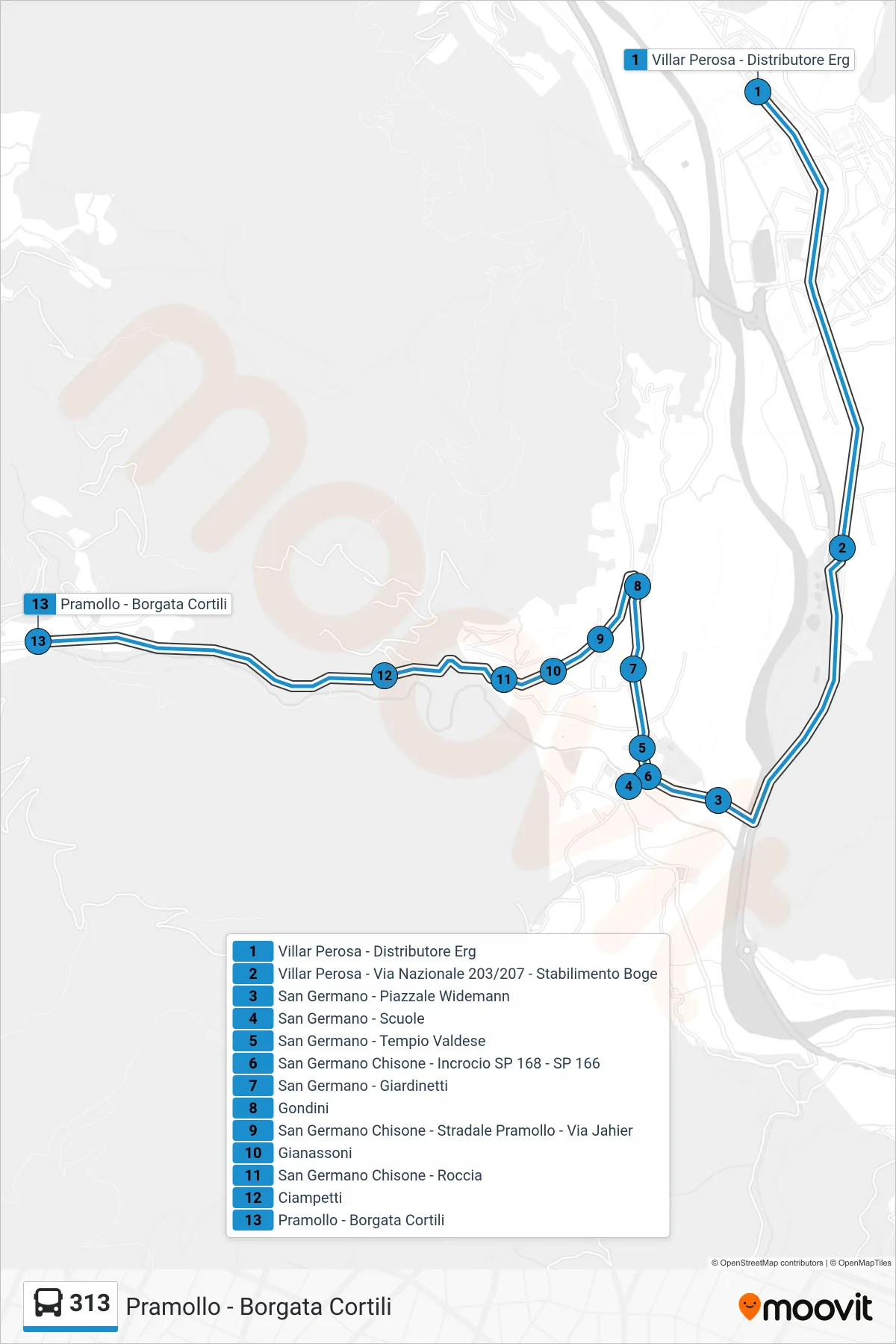 Linea 313  bus (Pramollo - Borgata Cortili) - Percorsi e fermate sulla mappa