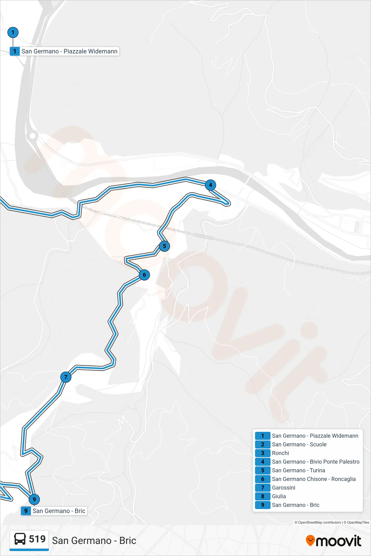 Linea 519  bus (San Germano - Bric) - Percorsi e fermate sulla mappa