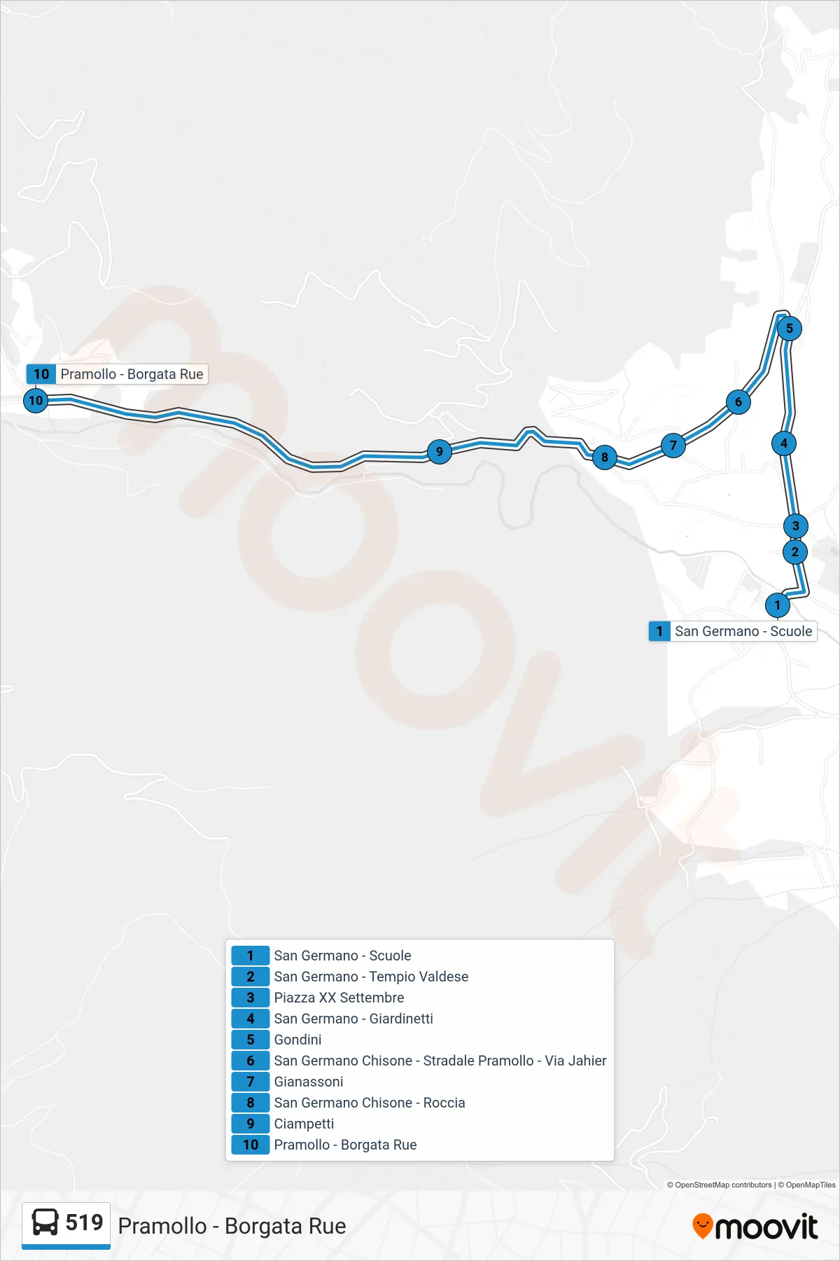 Linea 519 bus (Pramollo - Borgata Rue) - Percorsi e fermate sulla mappa
