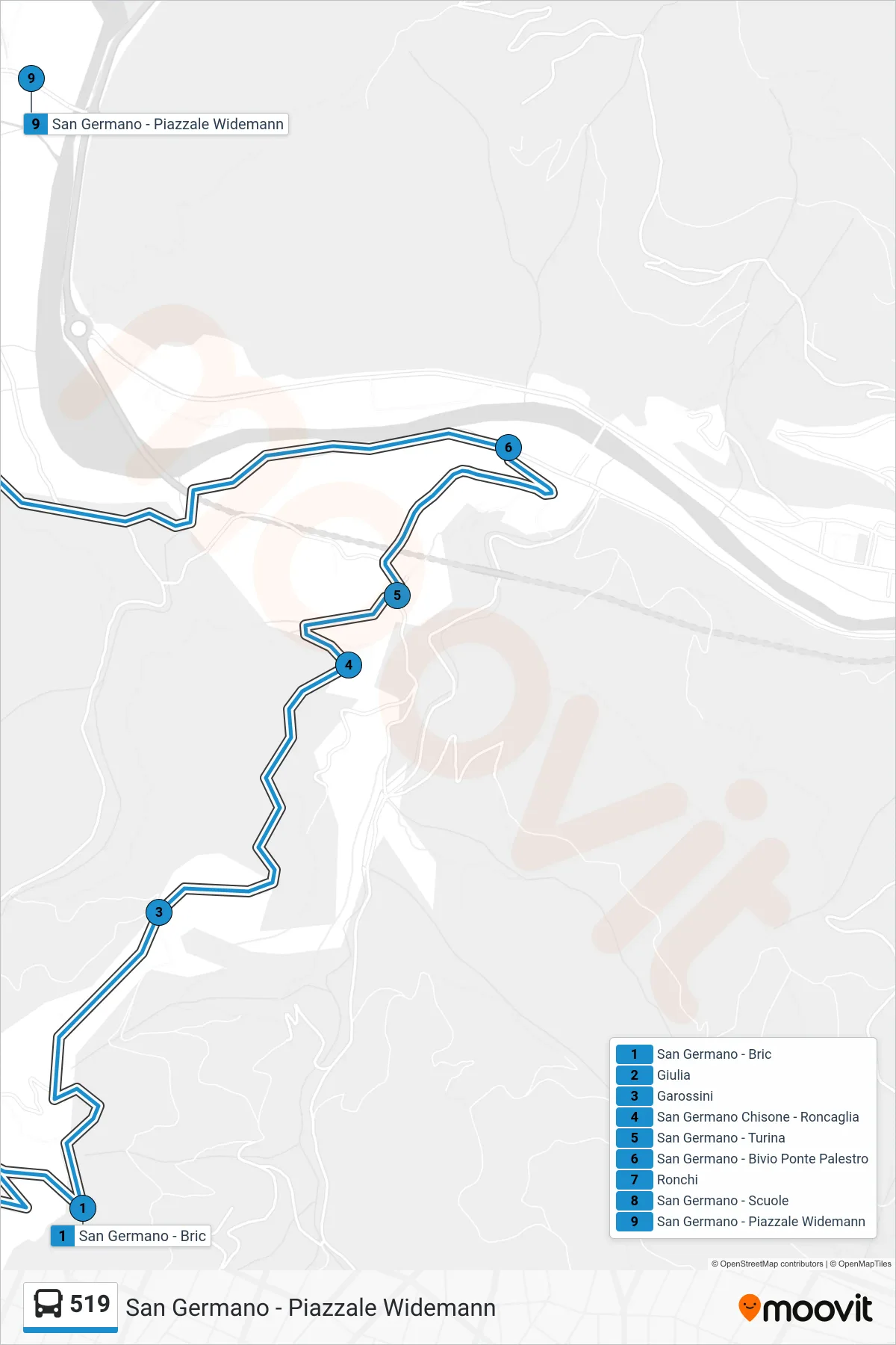 Linea 519 bus (San Germano - Piazzale Widemann) - Percorsi e fermate sulla mappa