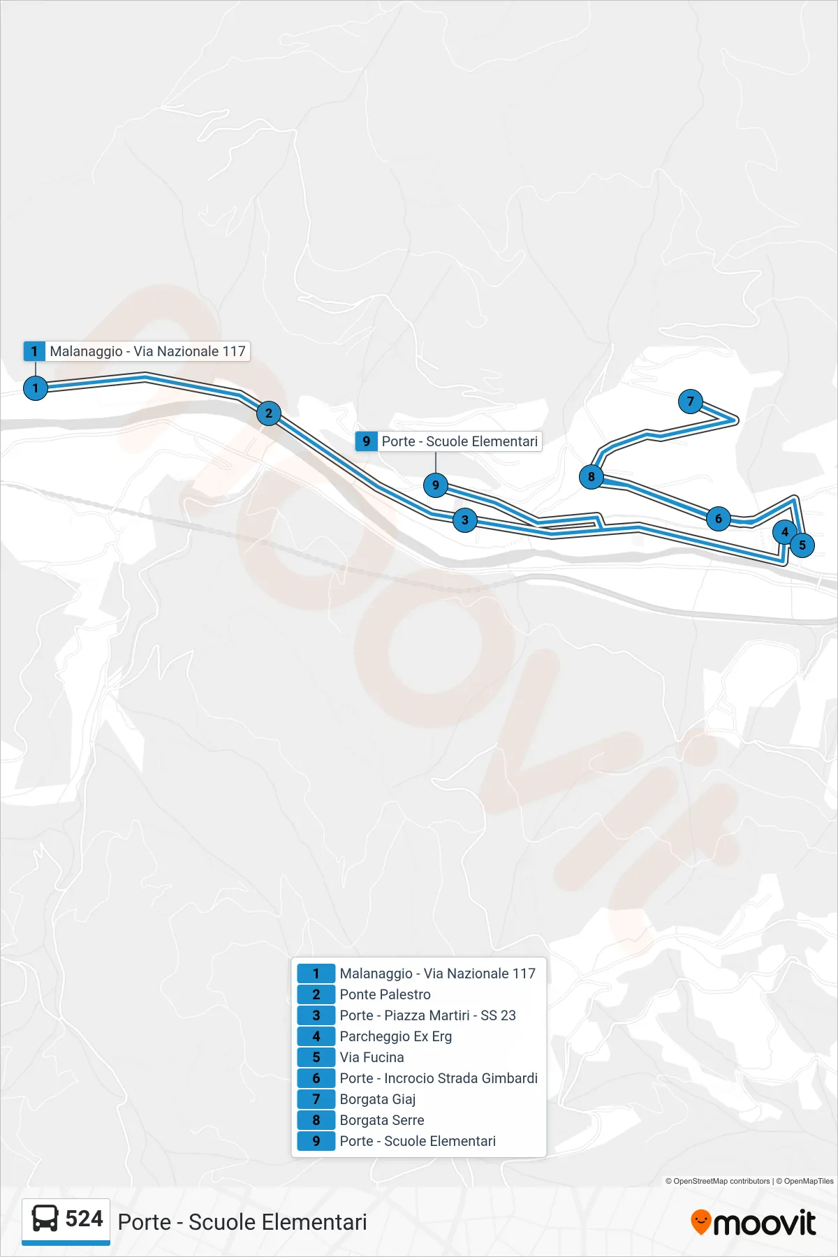 Linea 524  bus (Porte - Scuole Elementari) - Percorsi e fermate sulla mappa