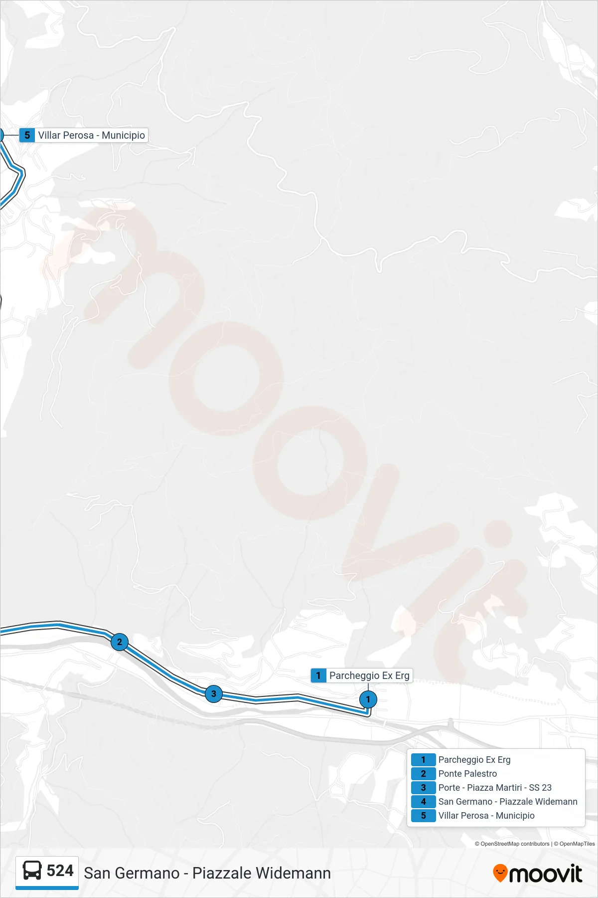 Linea 524 bus (San Germano - Piazzale Widemann) - Percorsi e fermate sulla mappa