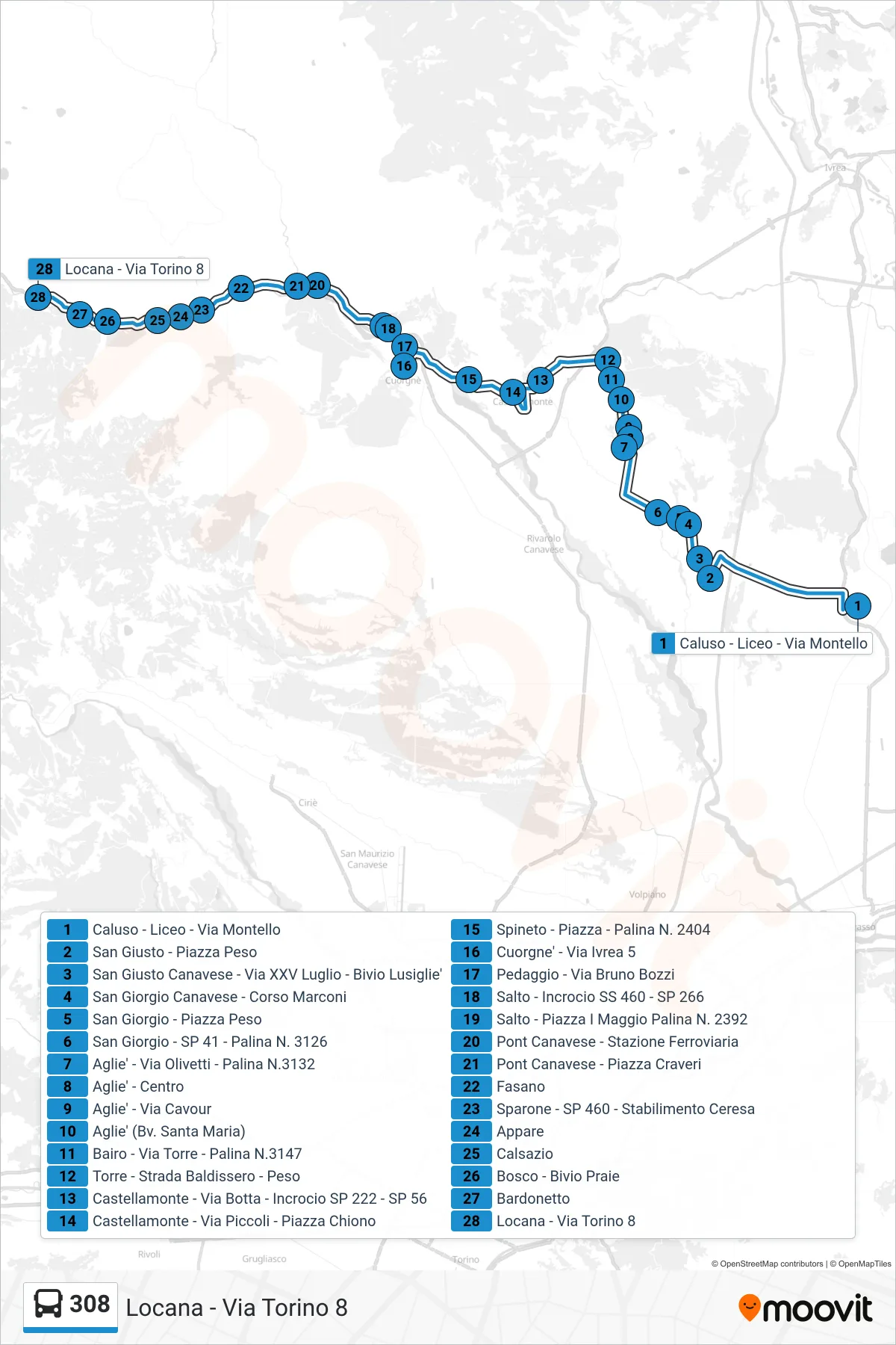 Linea 308 bus (Locana - Via Torino 8) - Percorsi e fermate sulla mappa