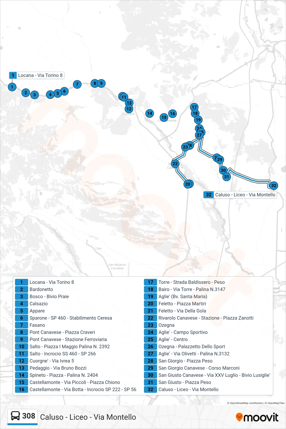 Linea 308  bus (Caluso - Liceo - Via Montello) - Percorsi e fermate sulla mappa
