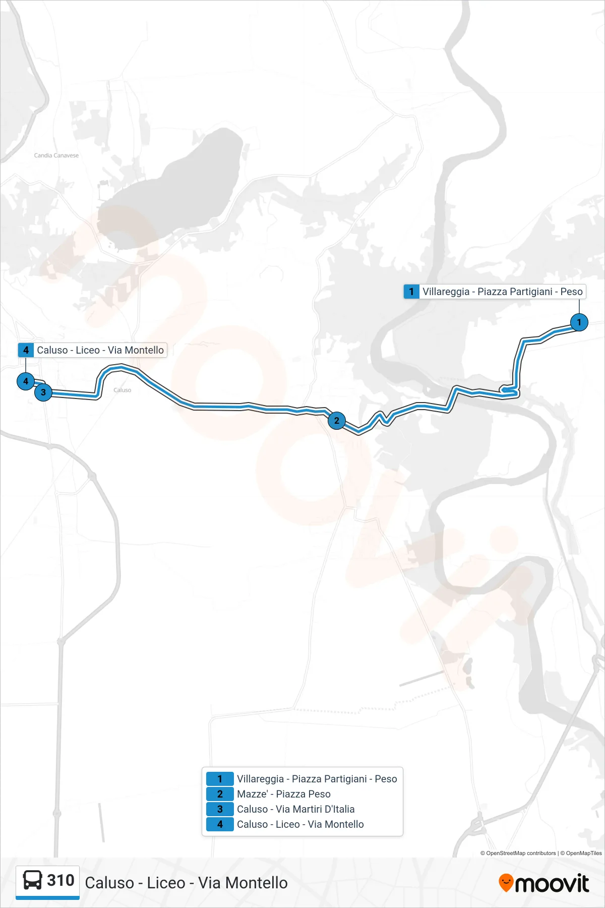 Linea 310 bus (Caluso - Liceo - Via Montello) - Percorsi e fermate sulla mappa