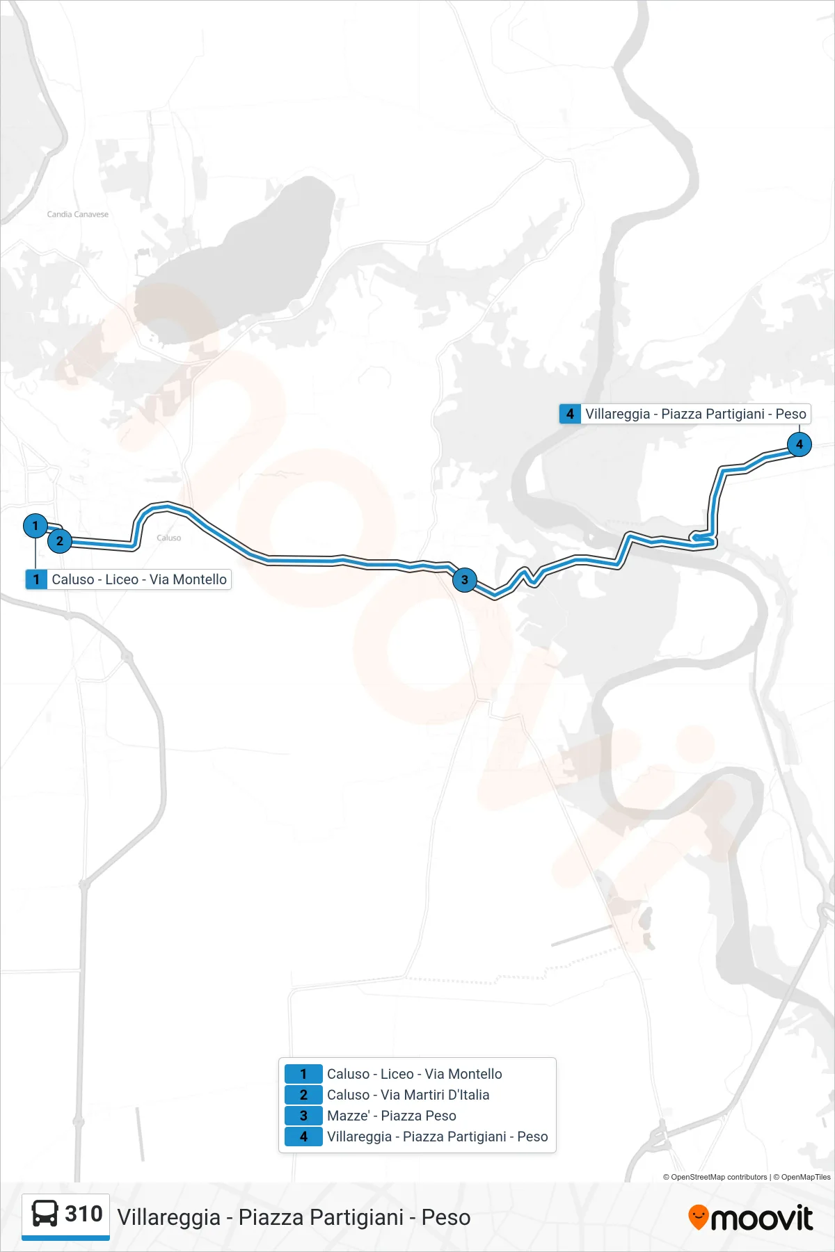 Linea 310  bus (Villareggia - Piazza Partigiani - Peso) - Percorsi e fermate sulla mappa