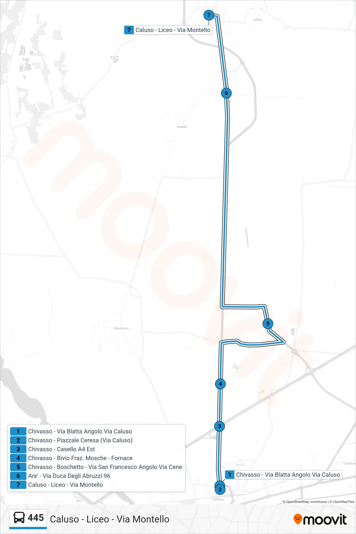 Linea 445 bus (Caluso - Liceo - Via Montello) - Percorsi e fermate sulla mappa