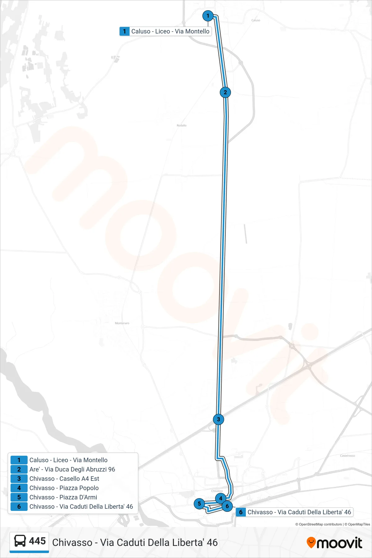 Linea 445  bus (Chivasso - Via Caduti Della Liberta'  46) - Percorsi e fermate sulla mappa