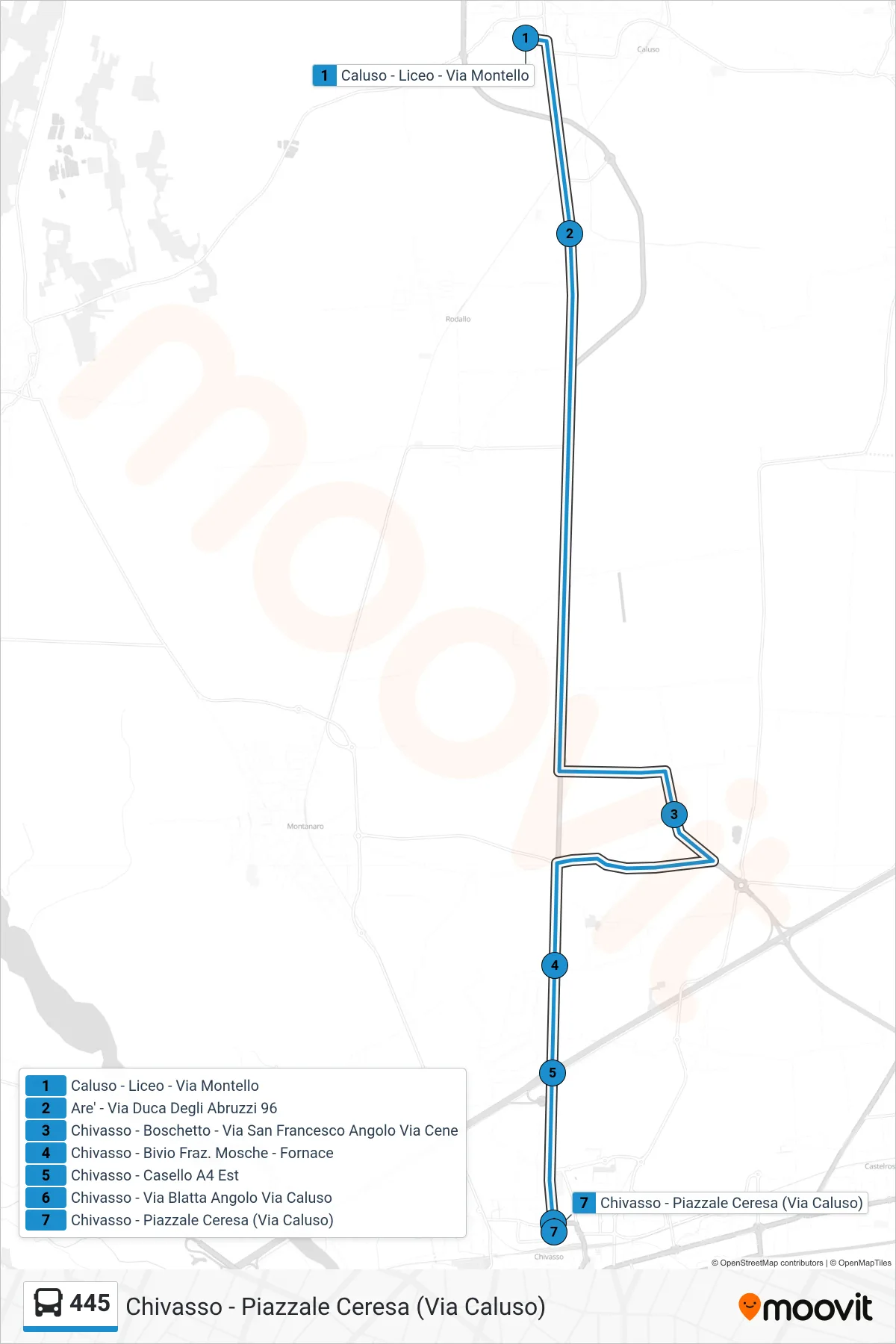 Linea 445 bus (Chivasso - Piazzale Ceresa (Via Caluso)) - Percorsi e fermate sulla mappa