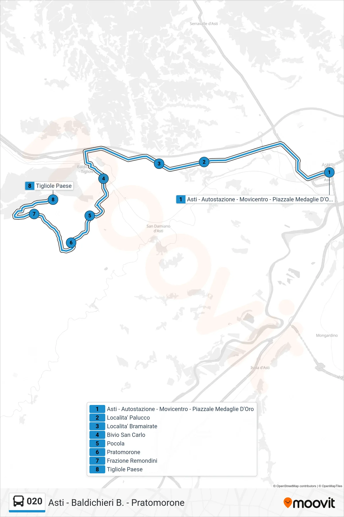 Linea 020  bus (Tigliole Paese) - Percorsi e fermate sulla mappa