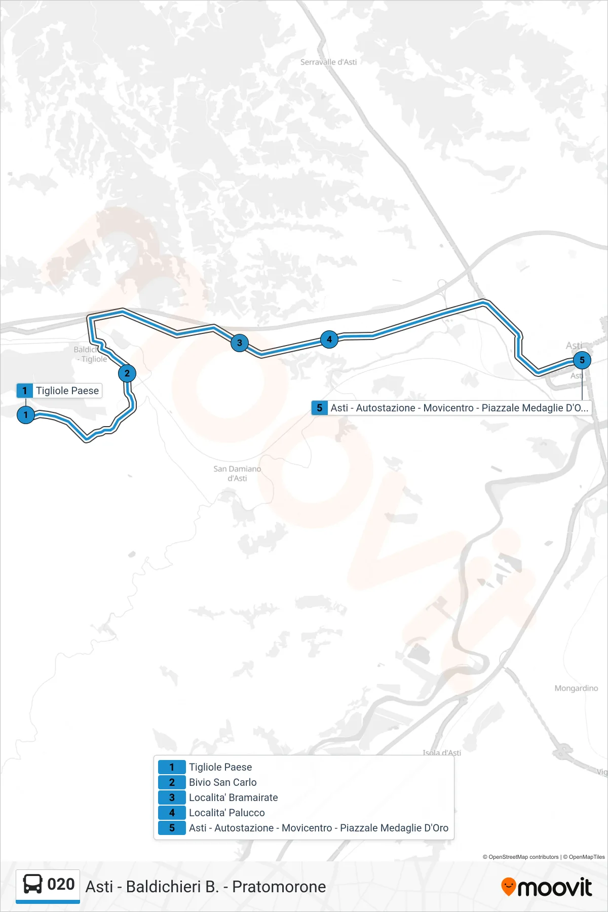 Linea 020  bus (Asti - Autostazione - Movicentro - Piazzale Medaglie D'Oro) - Percorsi e fermate sulla mappa