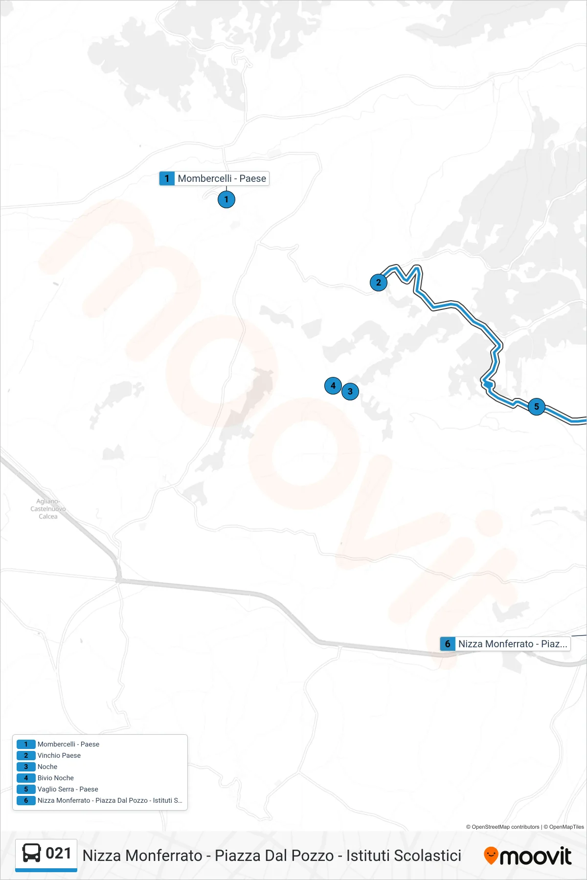 021 bus Line (Nizza Monferrato - Piazza Dal Pozzo - School Complex) route and stops on a map