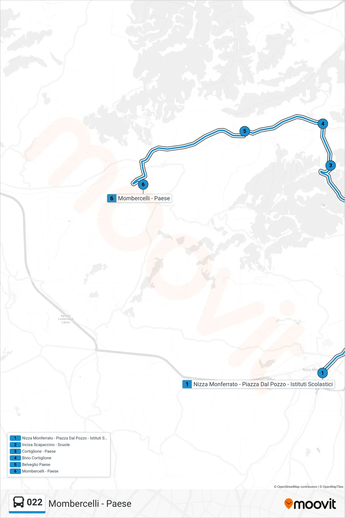 Linea 022  bus (Mombercelli - Paese) - Percorsi e fermate sulla mappa
