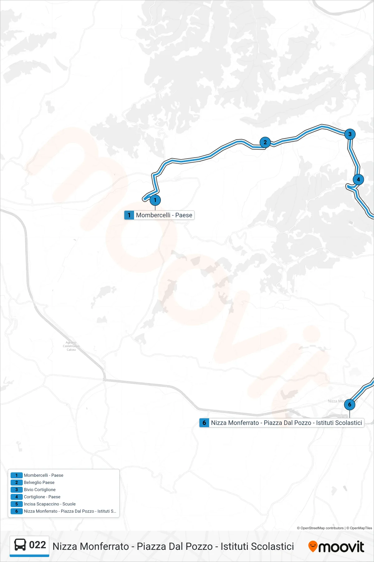 Linea 022  bus (Nizza Monferrato - Piazza Dal Pozzo - Istituti Scolastici) - Percorsi e fermate sulla mappa