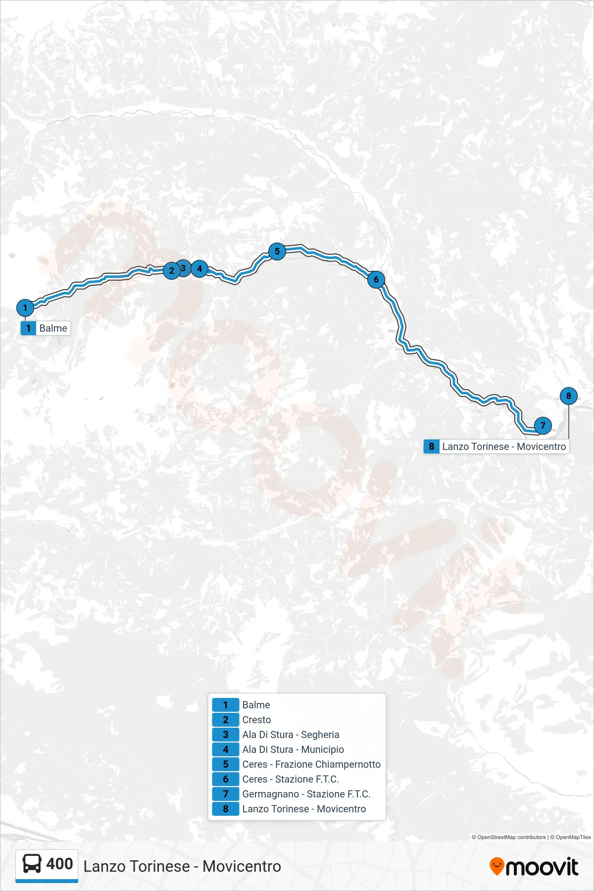 Linea 400 bus (Lanzo Torinese - Movicentro) - Percorsi e fermate sulla mappa