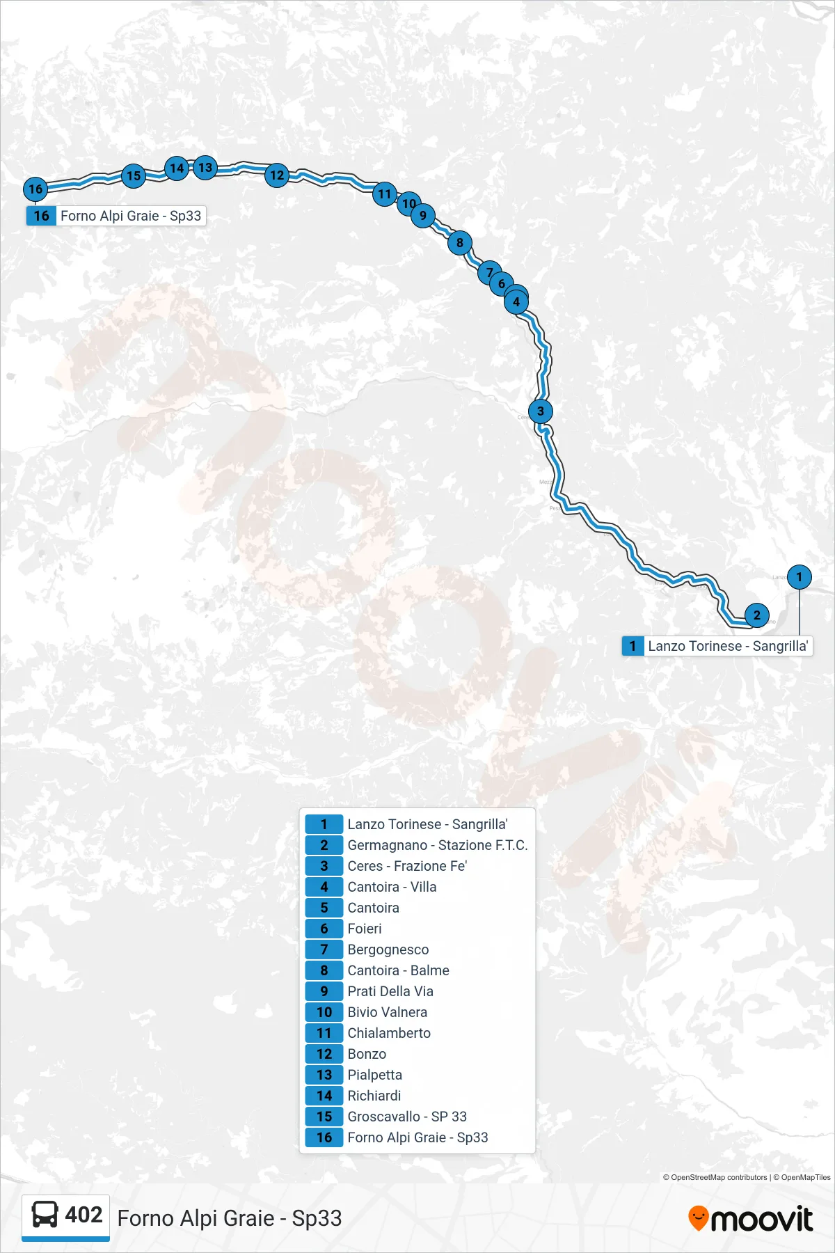 Linea 402  bus (Forno Alpi Graie - Sp33) - Percorsi e fermate sulla mappa