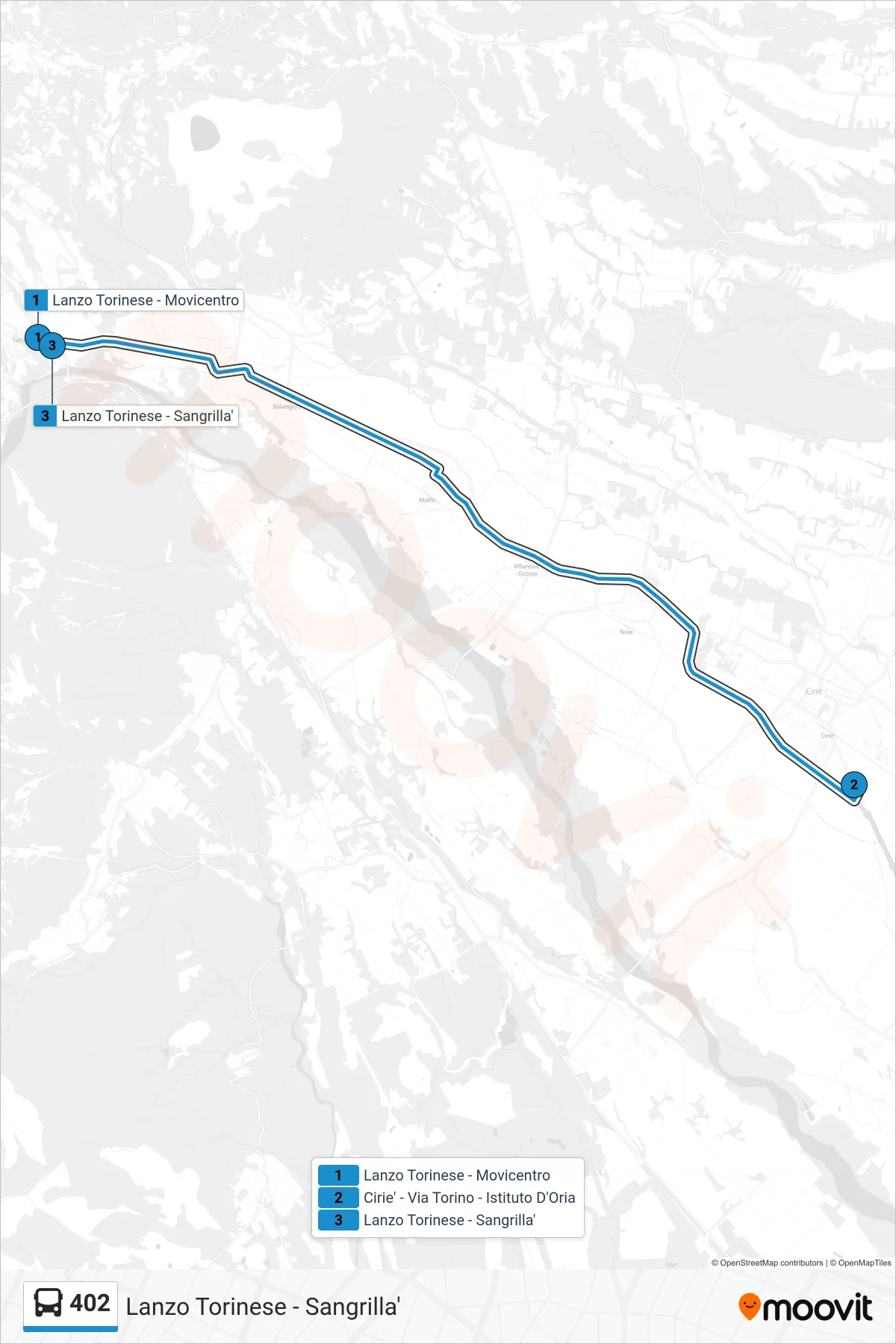 Linea 402 bus (Lanzo Torinese - Sangrilla') - Percorsi e fermate sulla mappa