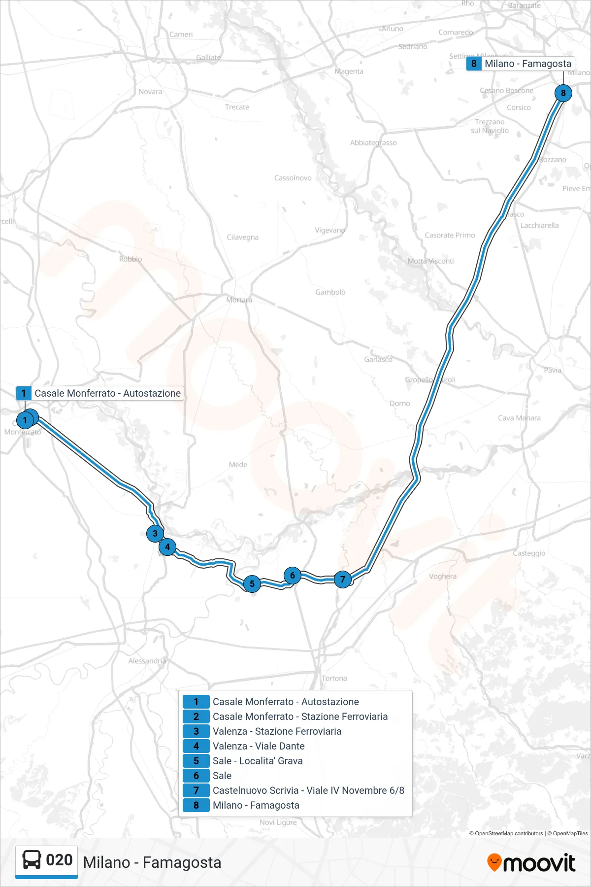 Linea 020  bus (Milano - Famagosta) - Percorsi e fermate sulla mappa