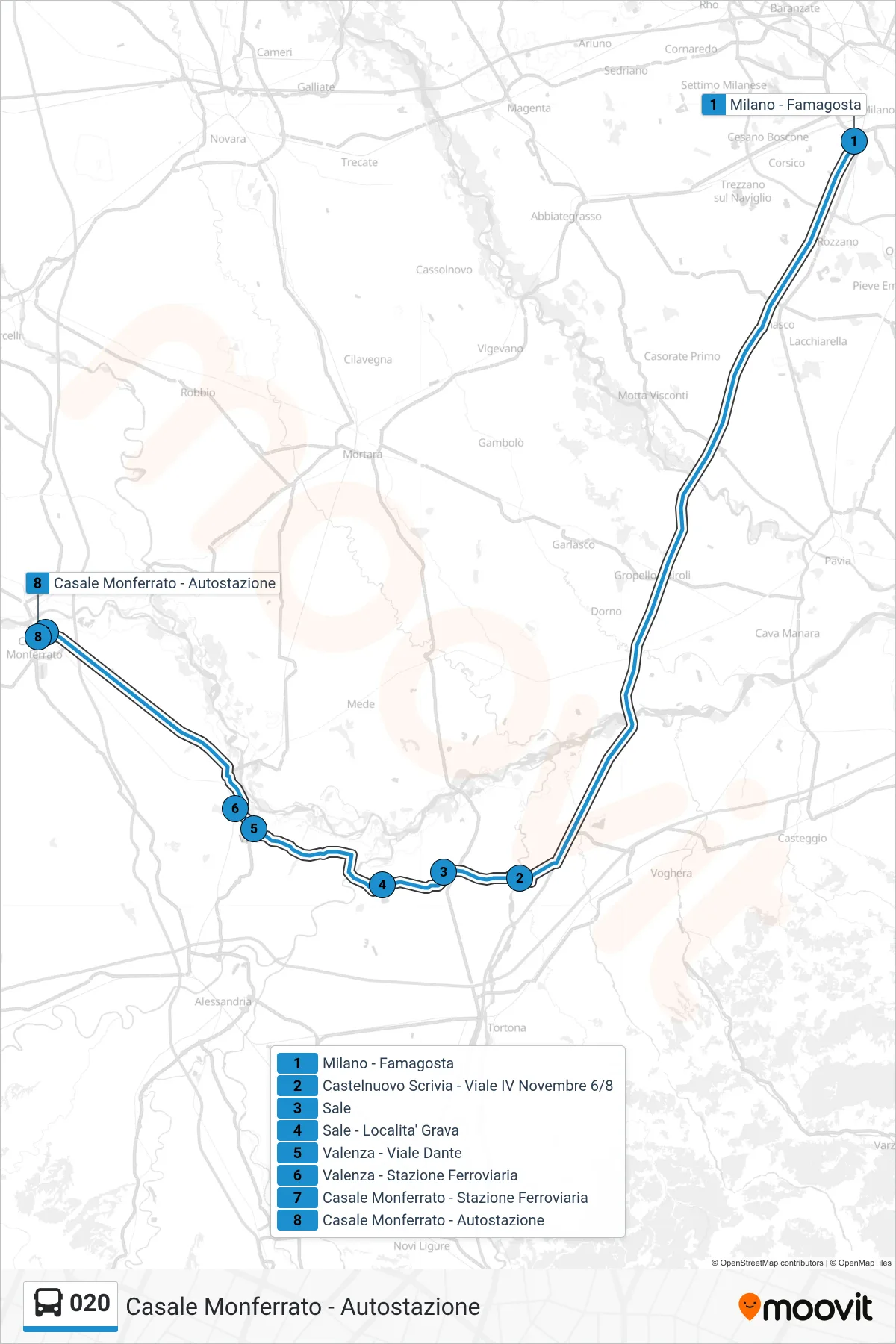 Linea 020 bus (Casale Monferrato - Autostazione) - Percorsi e fermate sulla mappa
