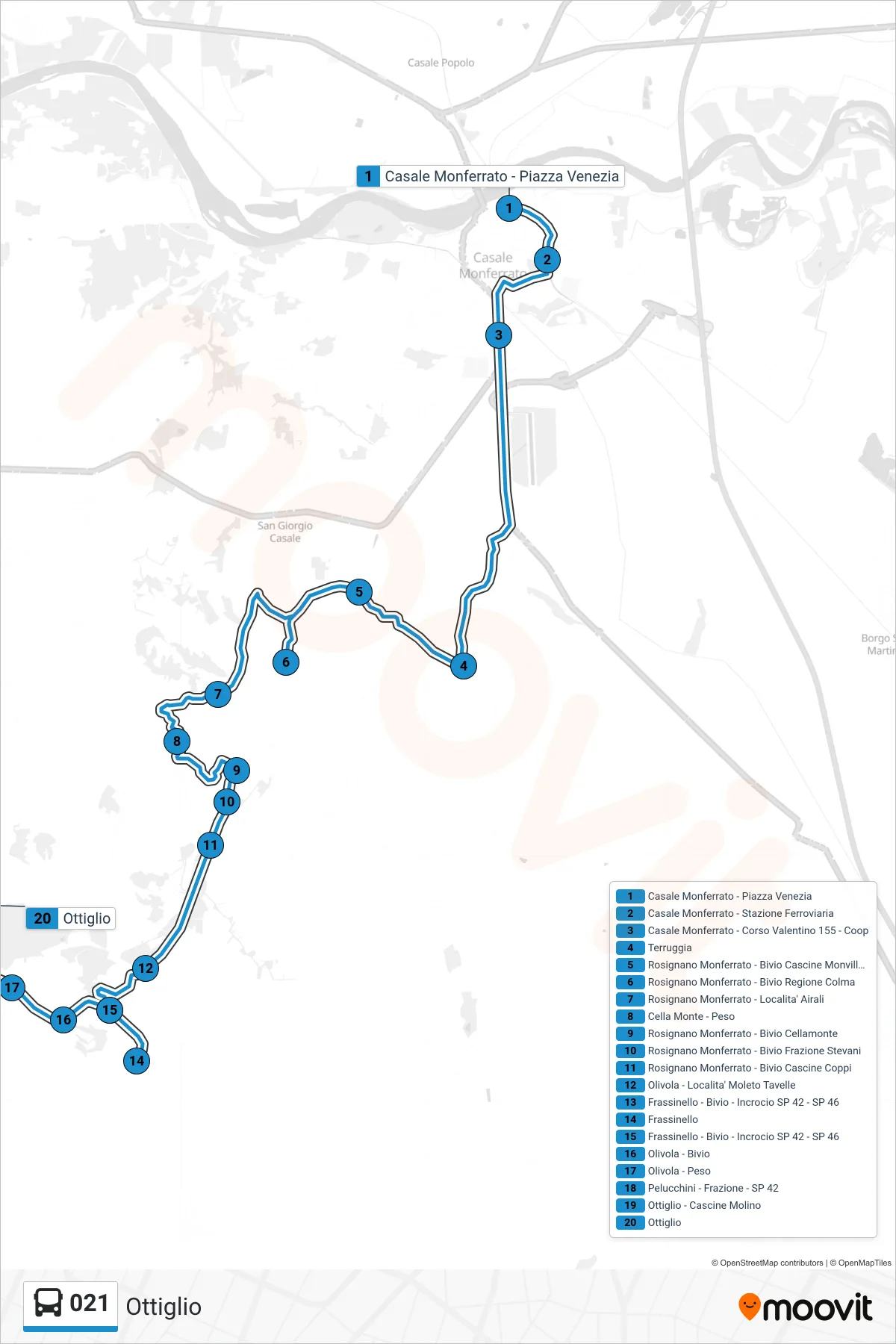 Linea 021 bus (Ottiglio) - Percorsi e fermate sulla mappa