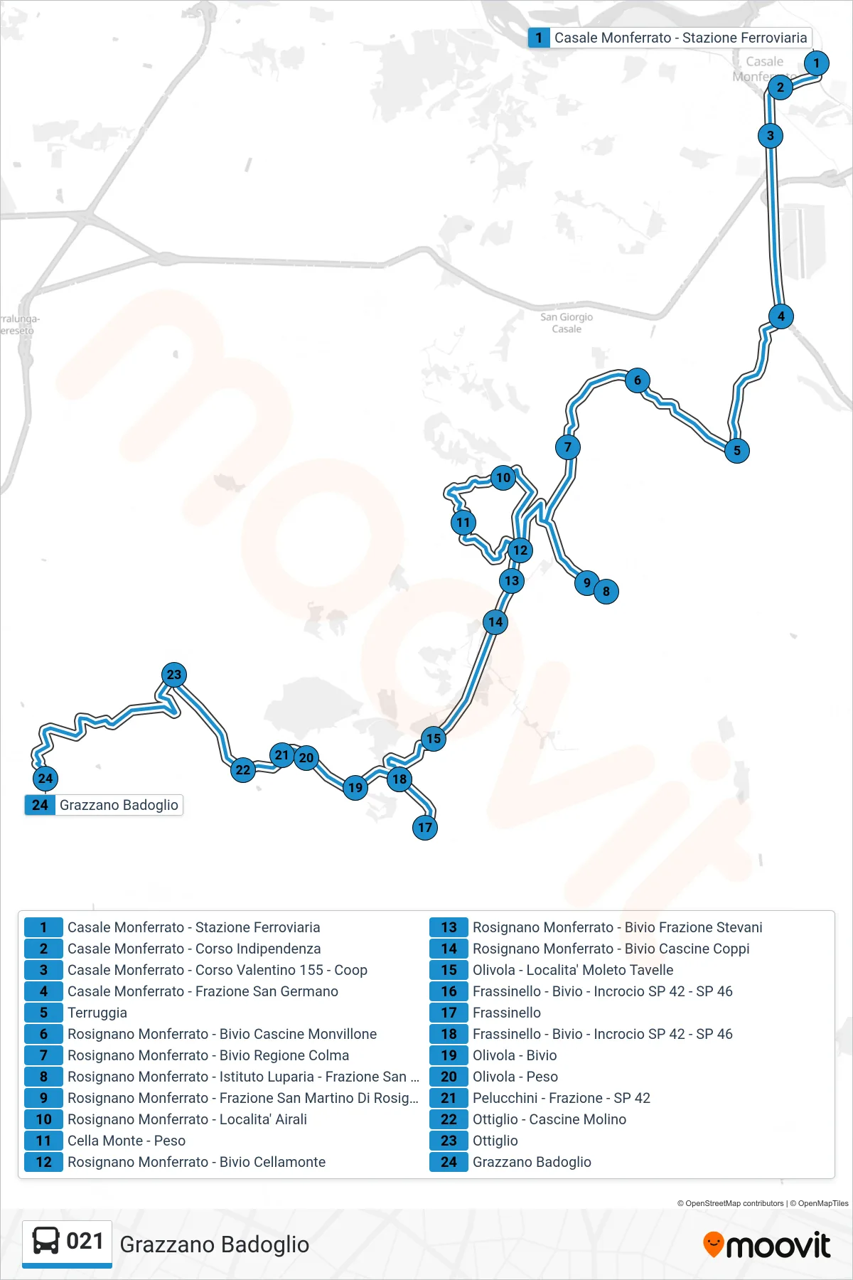 021 bus Line (Grazzano Badoglio) route and stops on a map