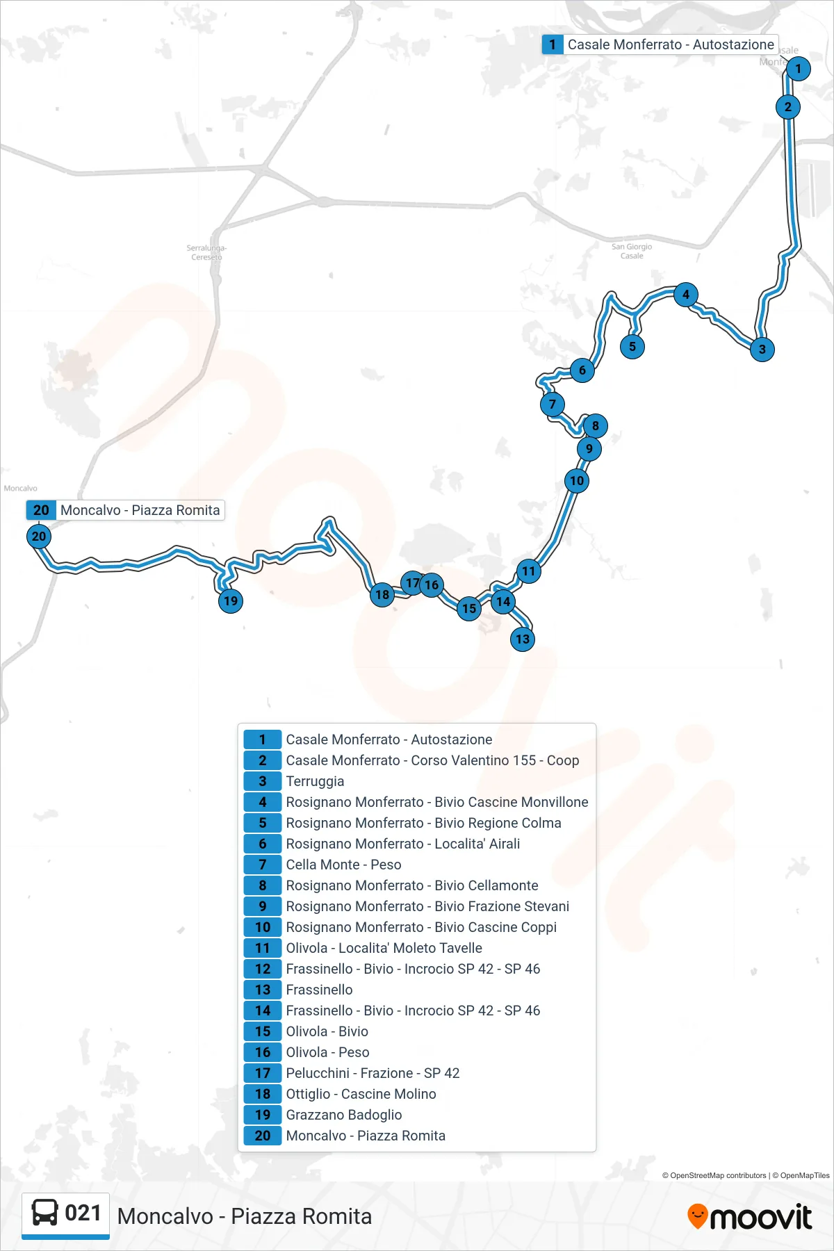 Linea 021 bus (Moncalvo - Piazza Romita) - Percorsi e fermate sulla mappa