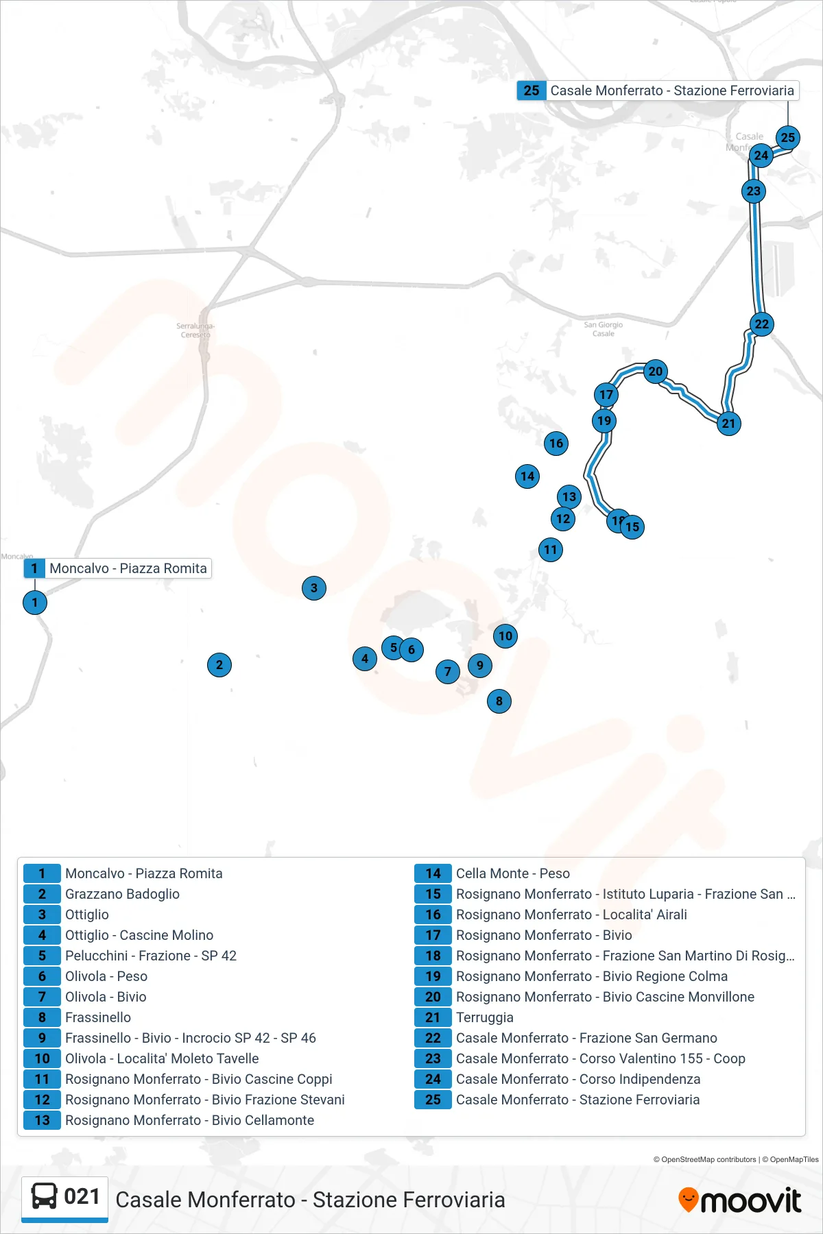 Linea 021 bus (Casale Monferrato - Stazione Ferroviaria) - Percorsi e fermate sulla mappa