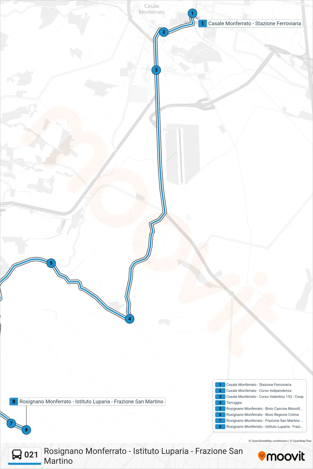 Linea 021 bus (Rosignano Monferrato - Istituto Luparia - Frazione San Martino) - Percorsi e fermate sulla mappa
