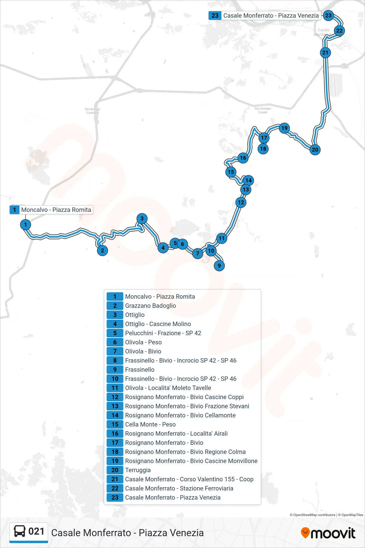 Linea 021  bus (Casale Monferrato - Piazza Venezia) - Percorsi e fermate sulla mappa