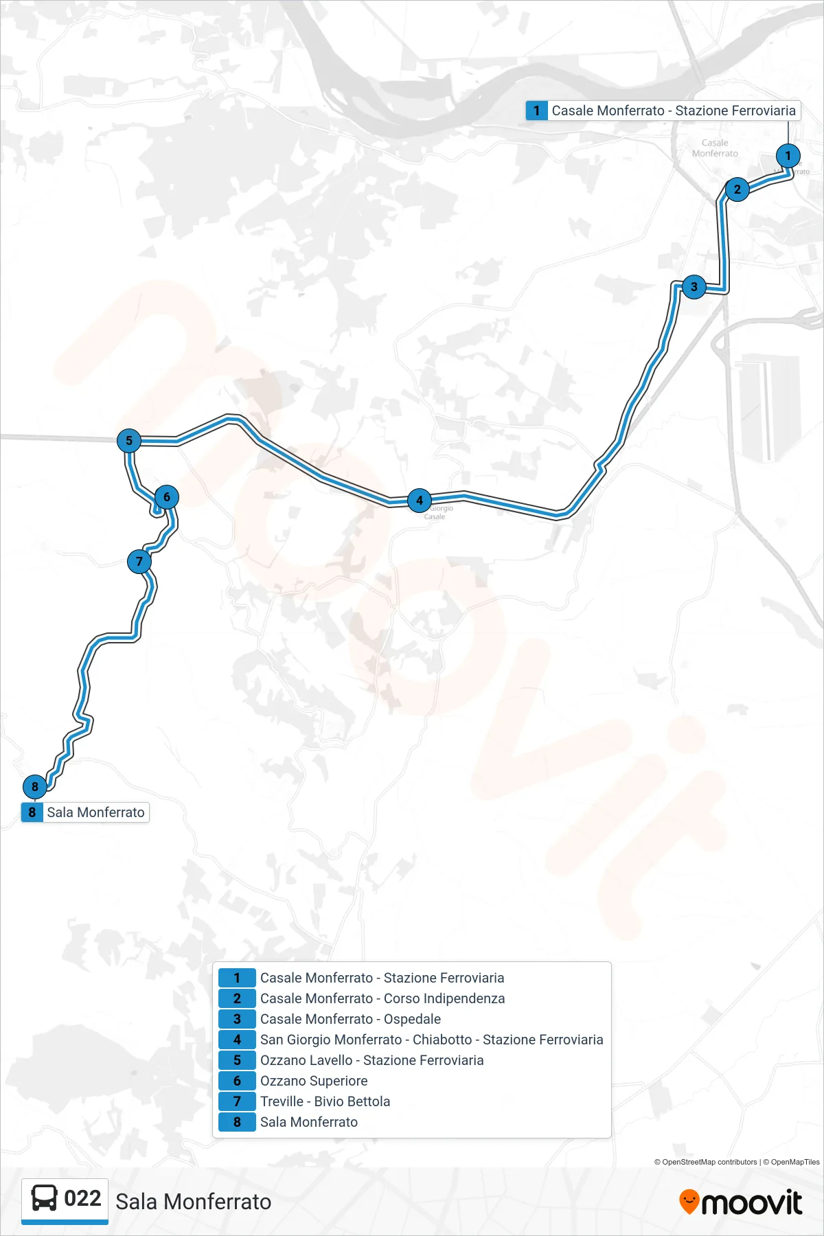 Linea 022 bus (Sala Monferrato) - Percorsi e fermate sulla mappa