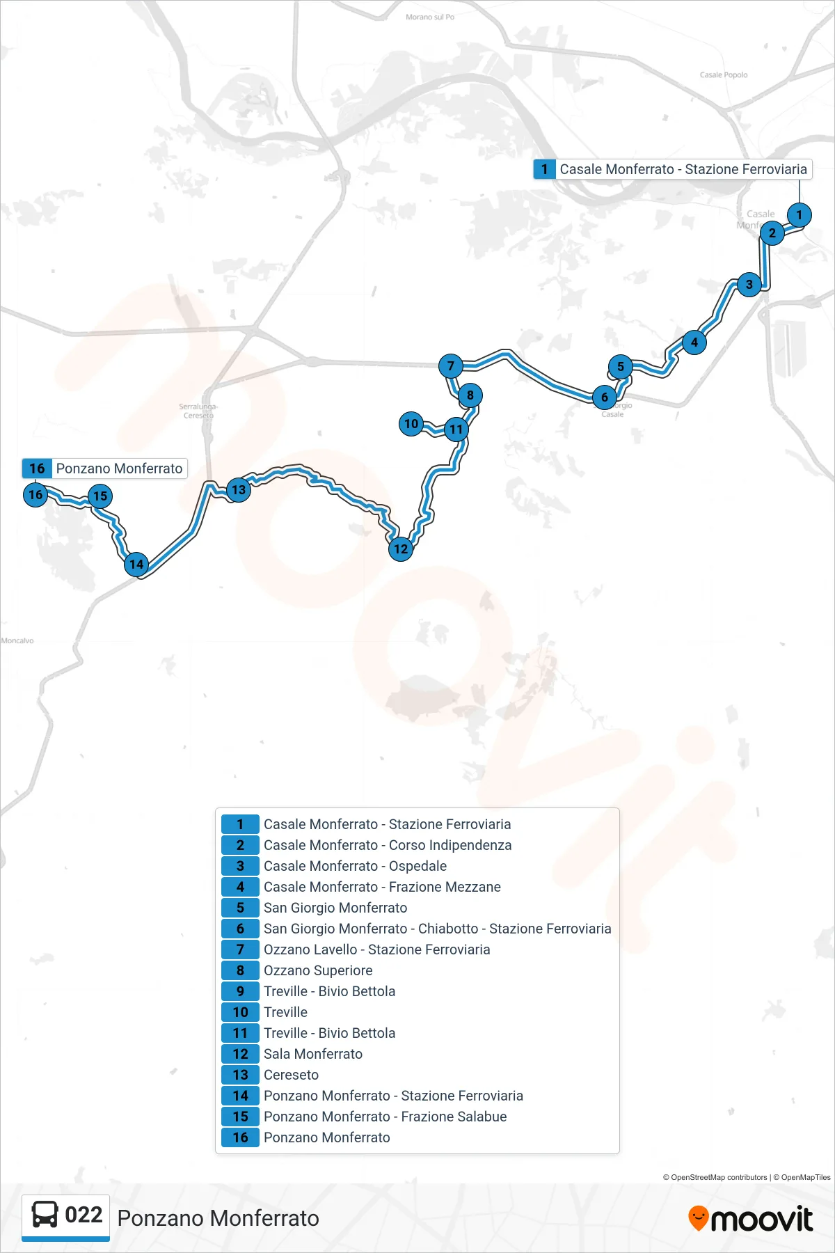 Linea 022 bus (Ponzano Monferrato) - Percorsi e fermate sulla mappa