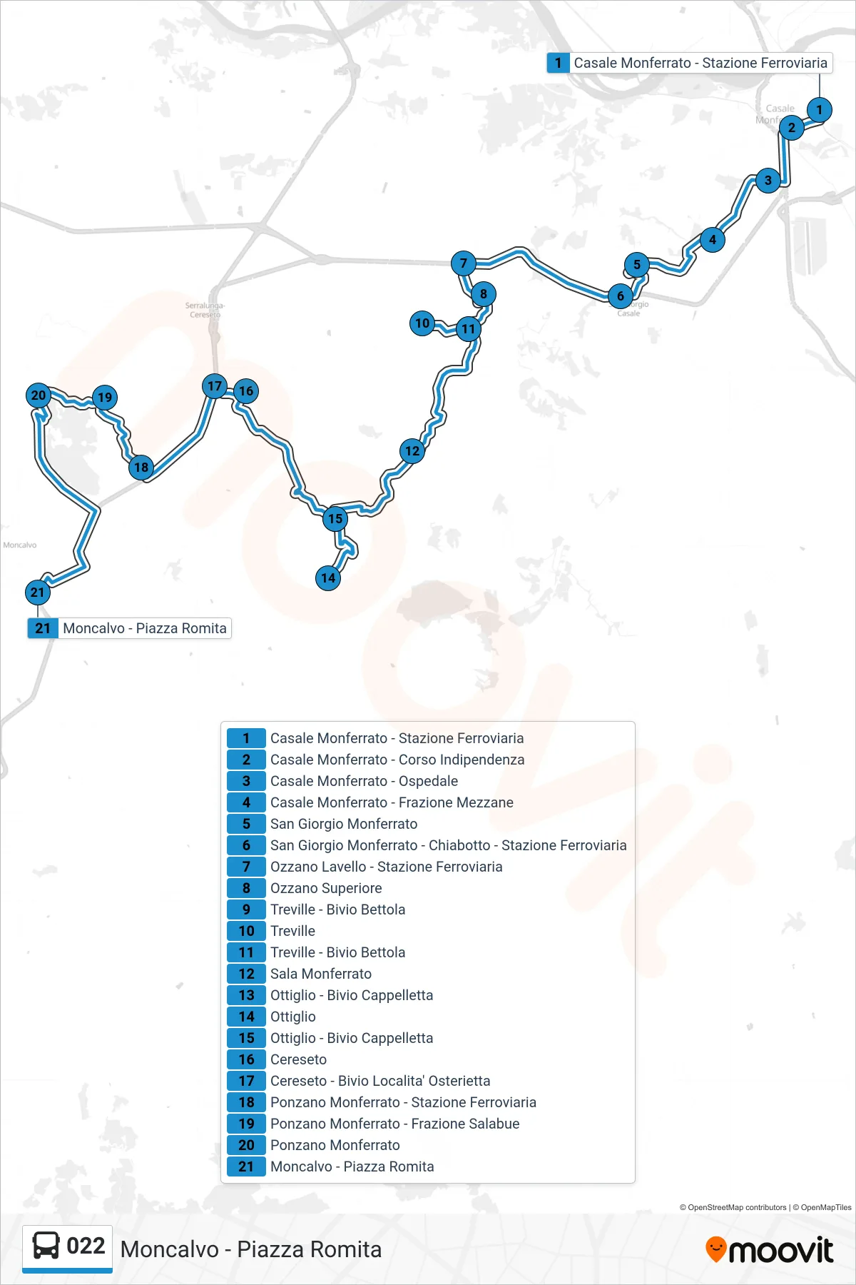 Linea 022  bus (Moncalvo - Piazza Romita) - Percorsi e fermate sulla mappa