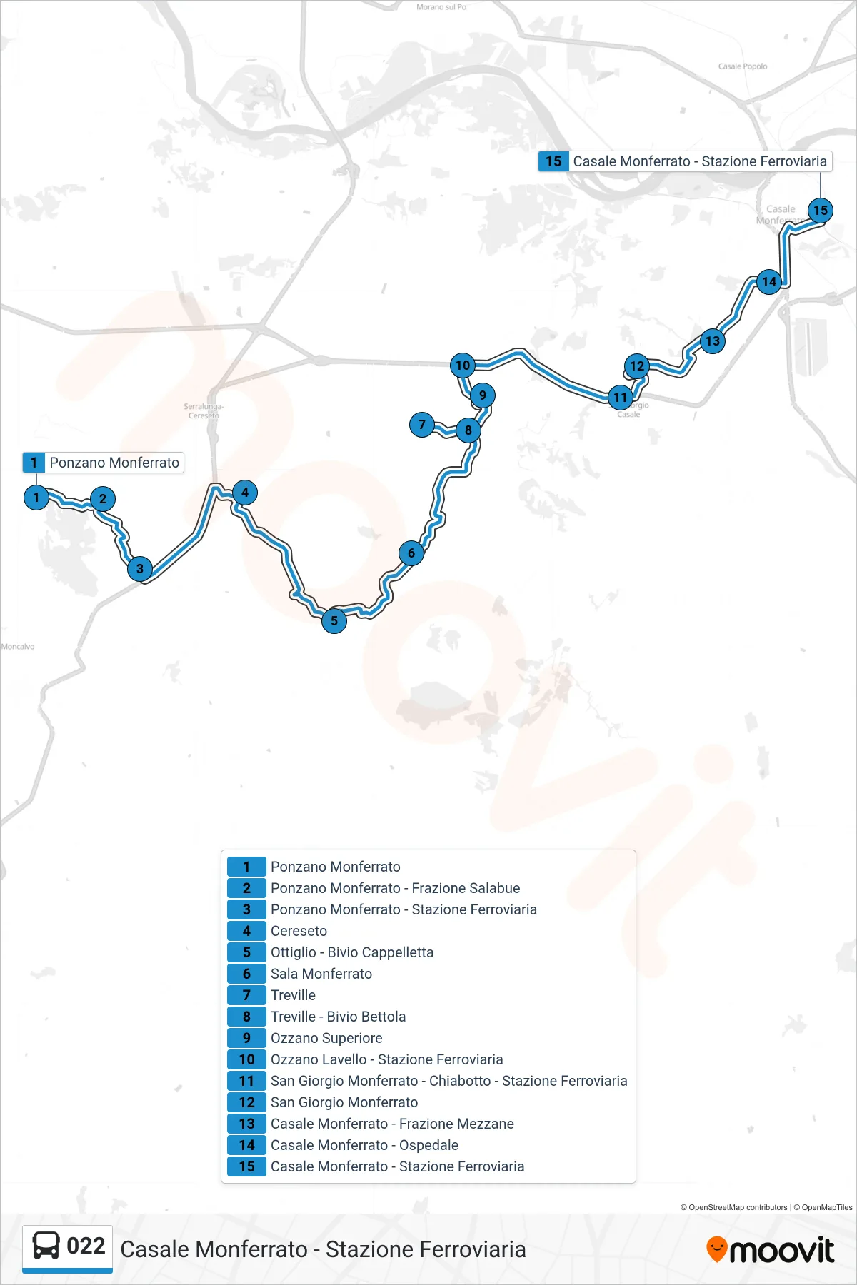 Linea 022  bus (Casale Monferrato -  Stazione Ferroviaria) - Percorsi e fermate sulla mappa