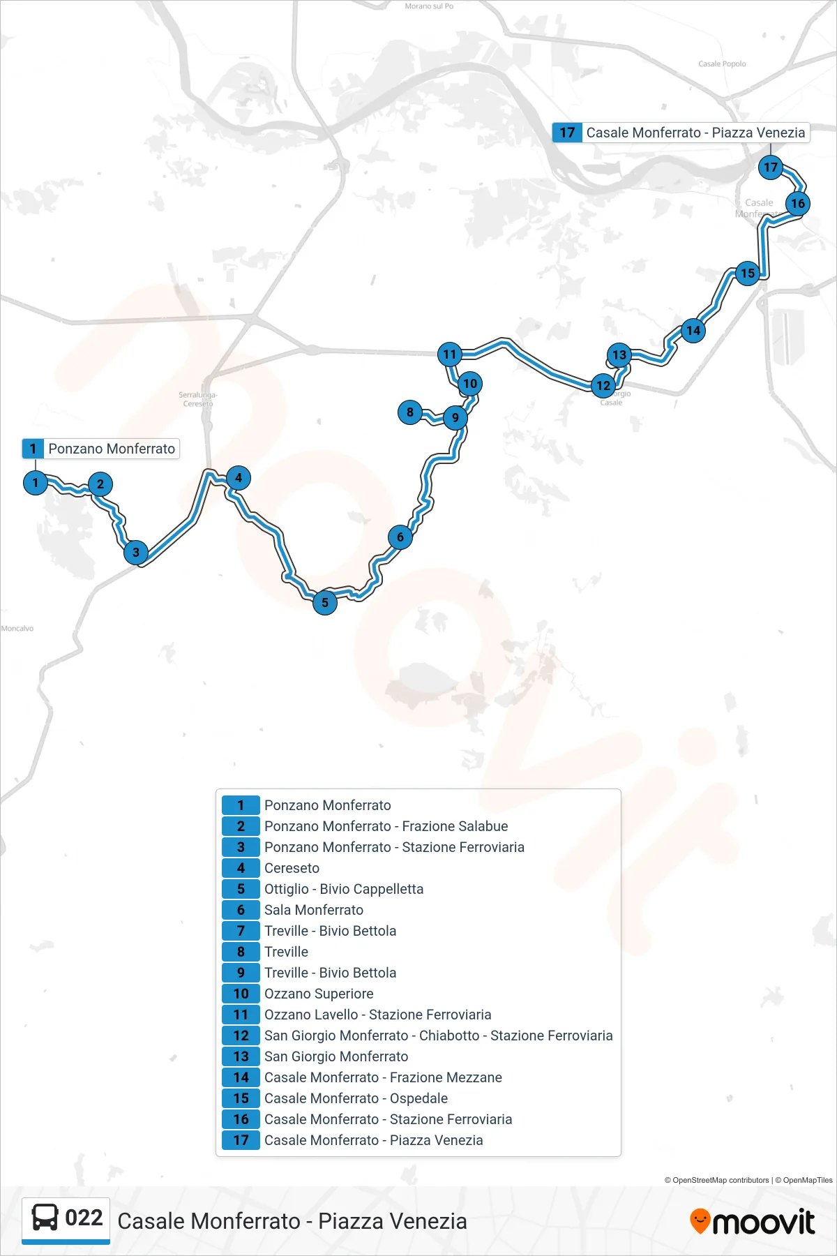 Linea 022 bus (Casale Monferrato - Piazza Venezia) - Percorsi e fermate sulla mappa