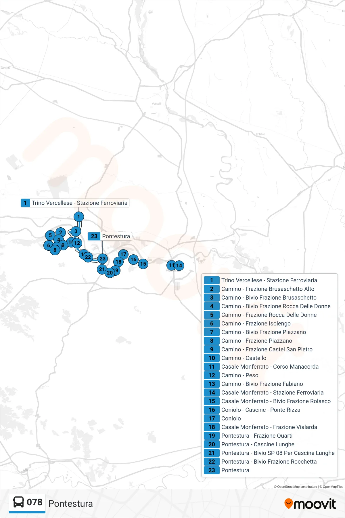 Linea 078  bus (Pontestura) - Percorsi e fermate sulla mappa