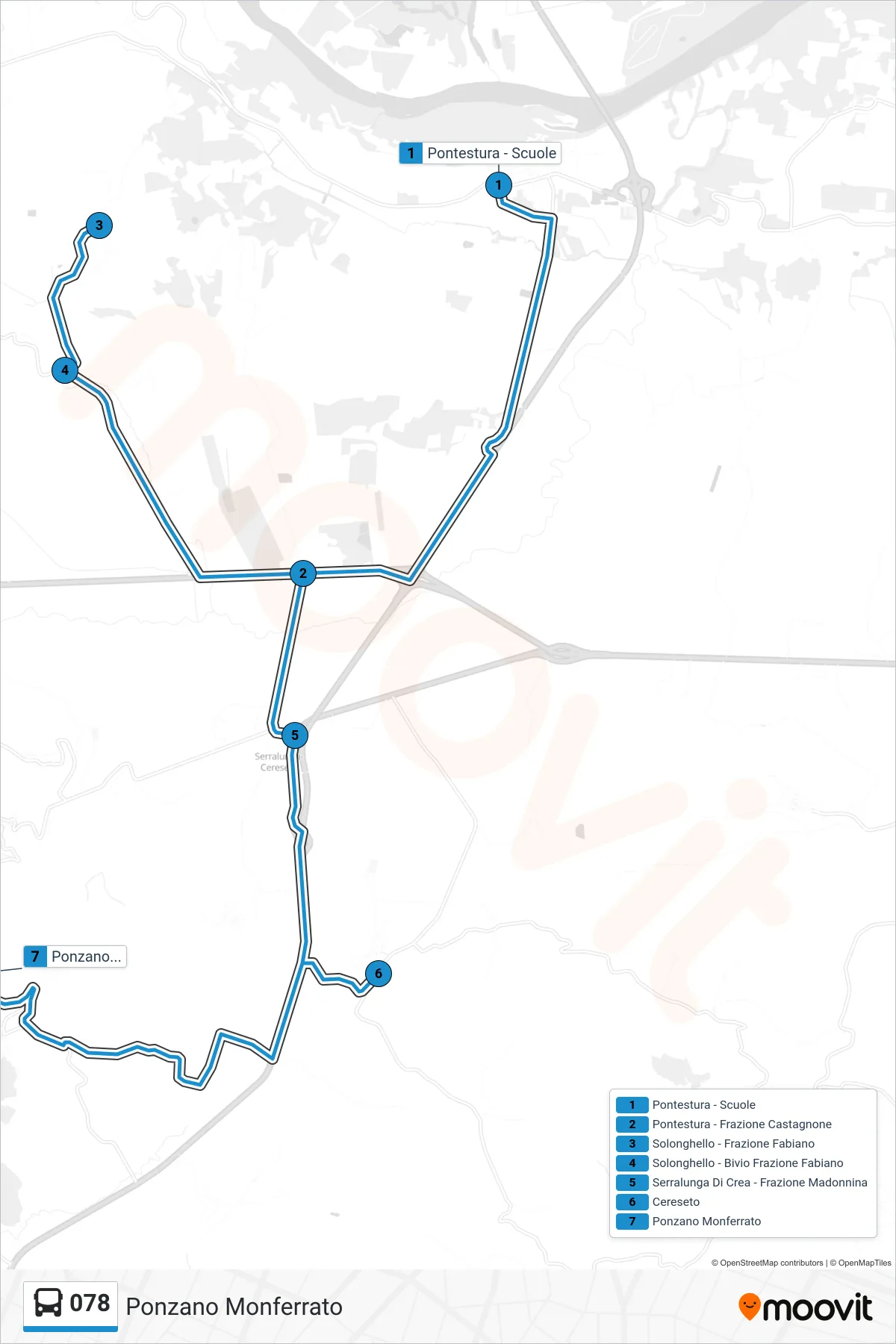 Linea 078  bus (Ponzano Monferrato) - Percorsi e fermate sulla mappa