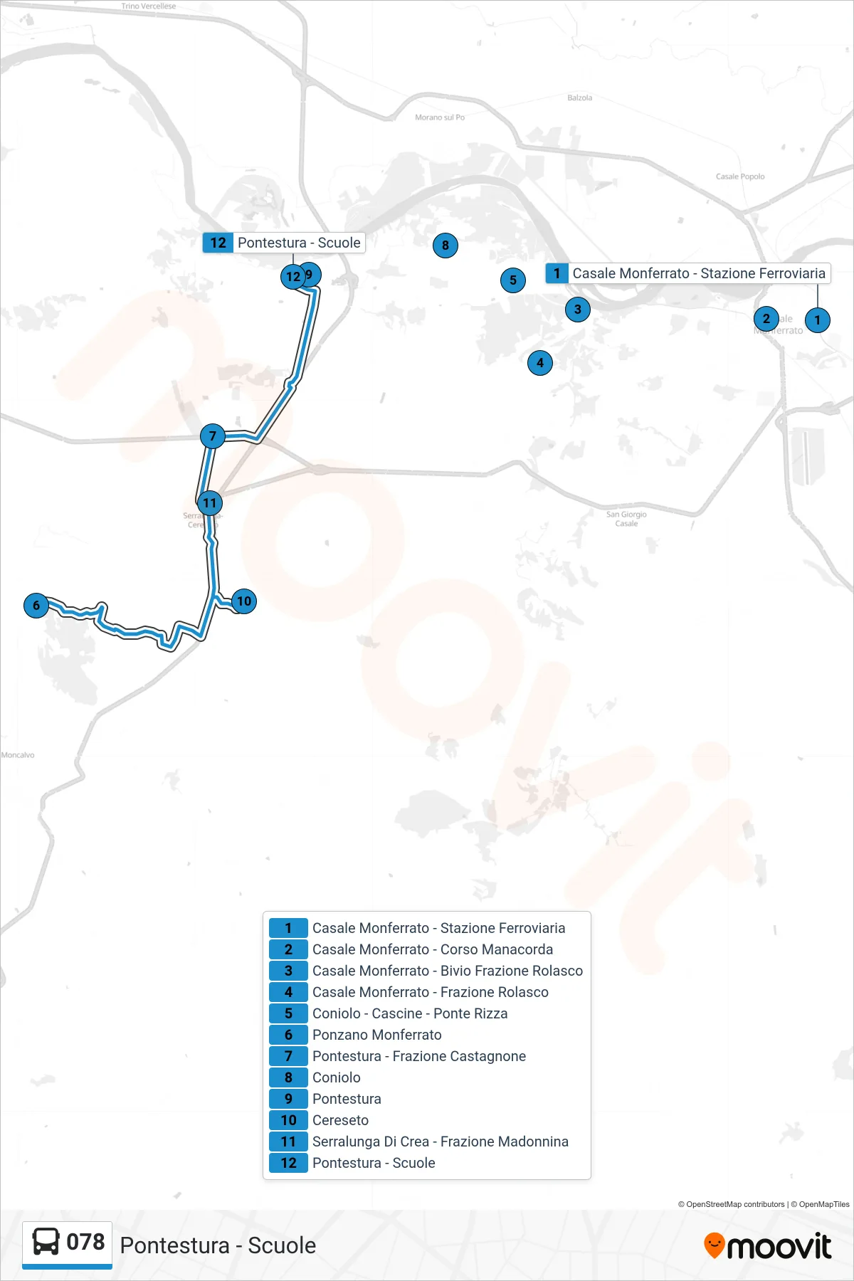 Linea 078 bus (Pontestura - Scuole) - Percorsi e fermate sulla mappa