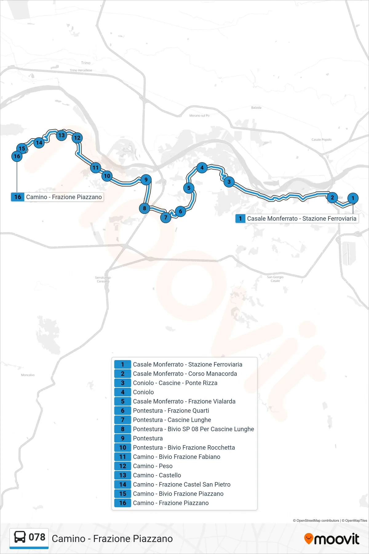 Linea 078 bus (Camino - Frazione Piazzano) - Percorsi e fermate sulla mappa