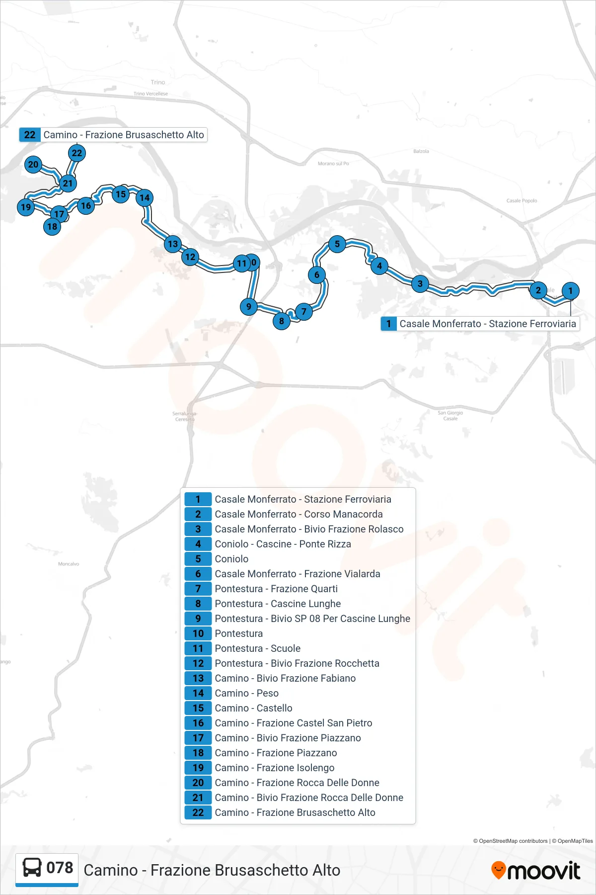 Linea 078  bus (Camino - Frazione Brusaschetto Alto) - Percorsi e fermate sulla mappa
