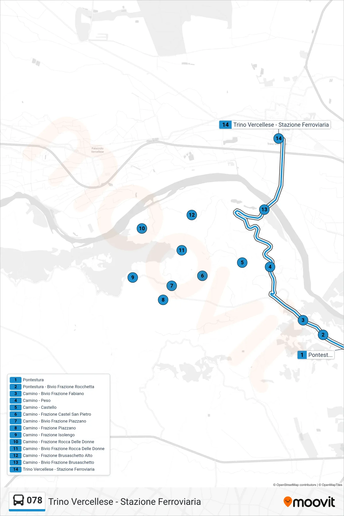 Linea 078 bus (Trino Vercellese - Stazione Ferroviaria) - Percorsi e fermate sulla mappa